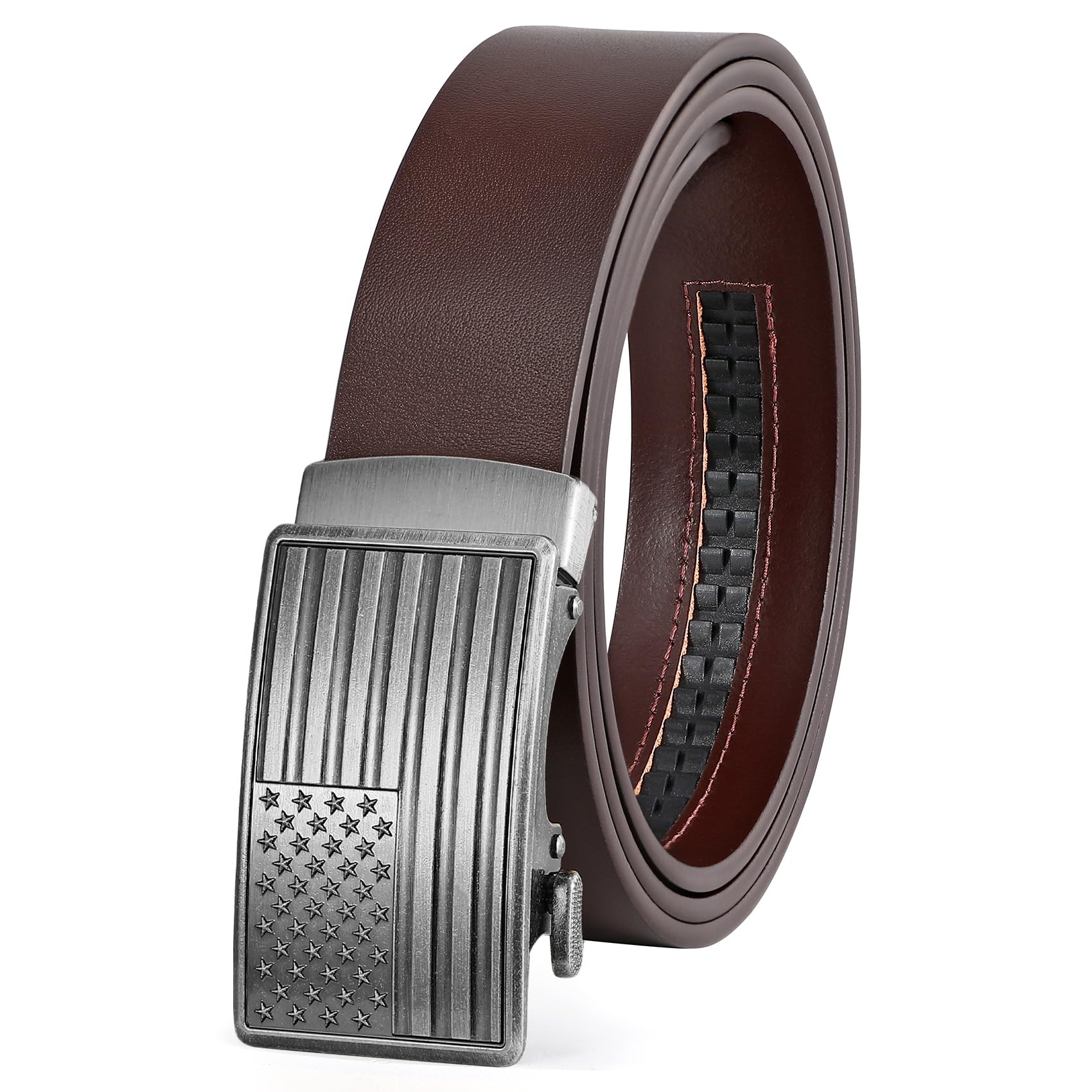 Men's Full Grain Ratchet Sliding Belt 1 3/8" with American Flag Buckle