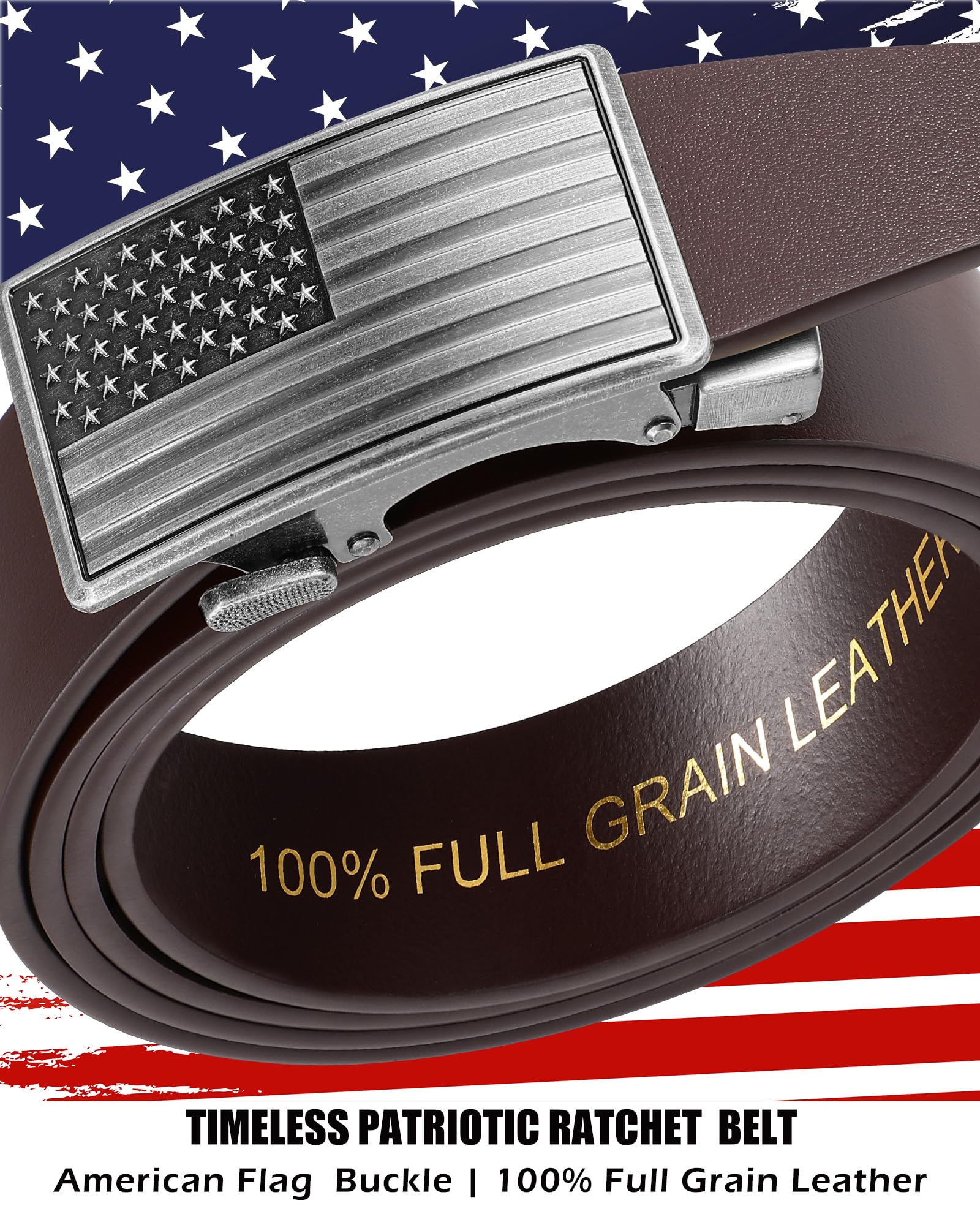 Men's Full Grain Ratchet Sliding Belt 1 3/8" with American Flag Buckle