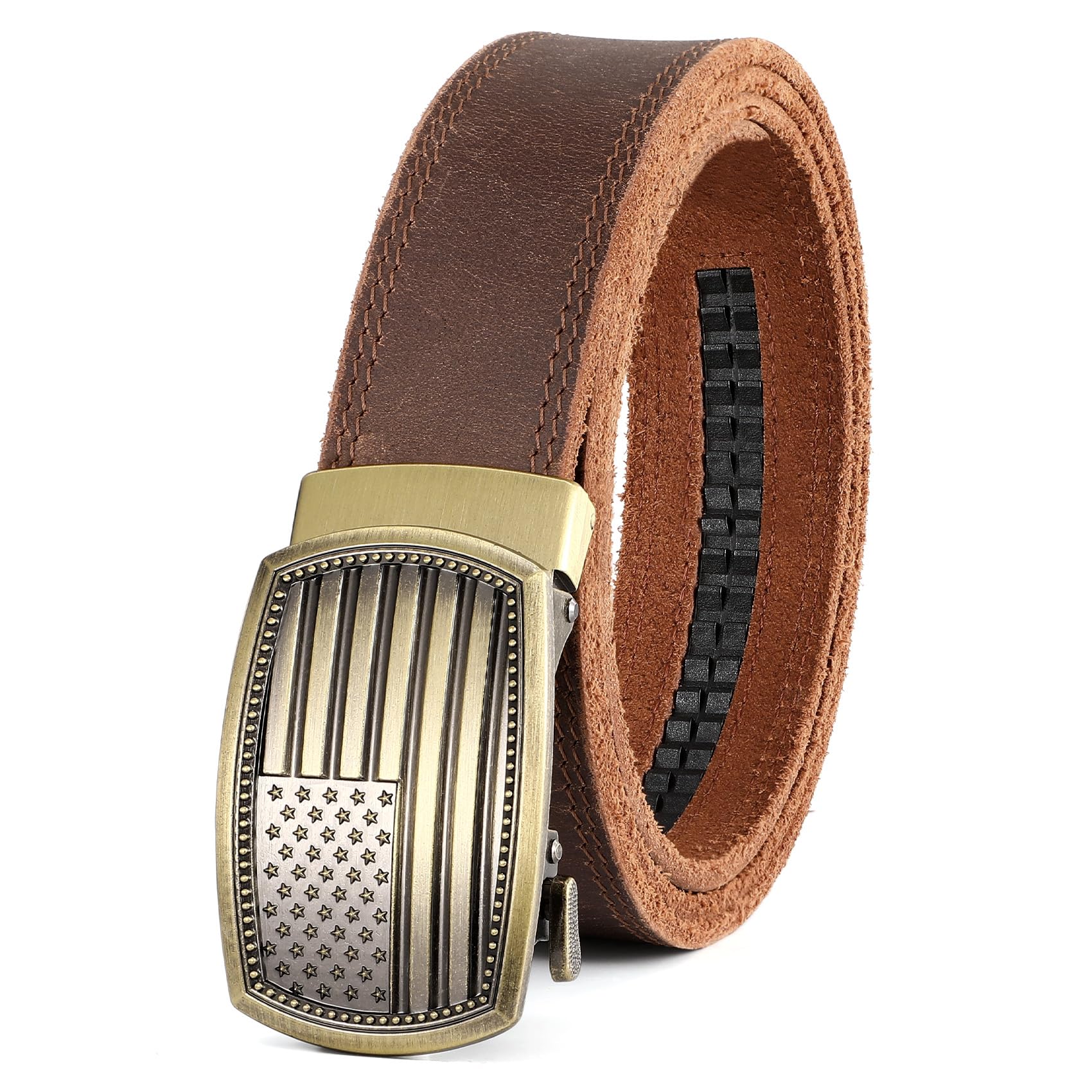 Men's Full Grain Ratchet Sliding Belt 1 3/8" with American Flag Buckle