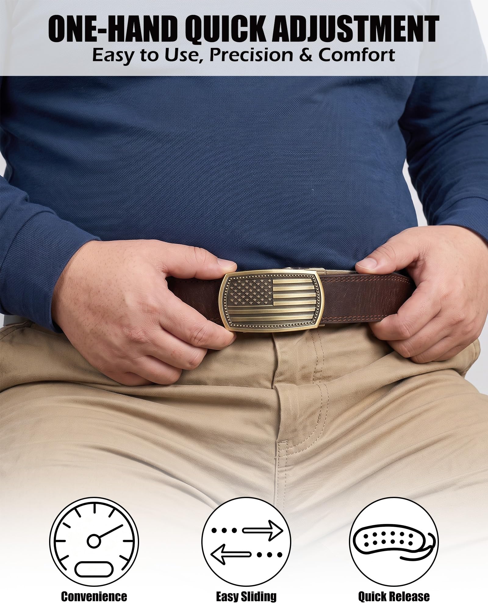 Men's Full Grain Ratchet Sliding Belt 1 3/8" with American Flag Buckle
