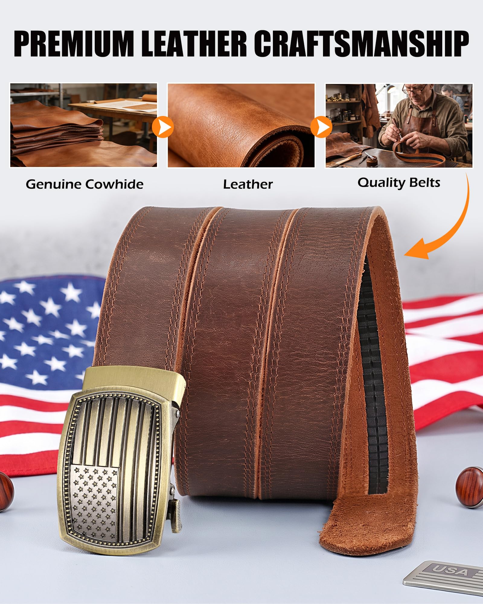 Men's Full Grain Ratchet Sliding Belt 1 3/8" with American Flag Buckle