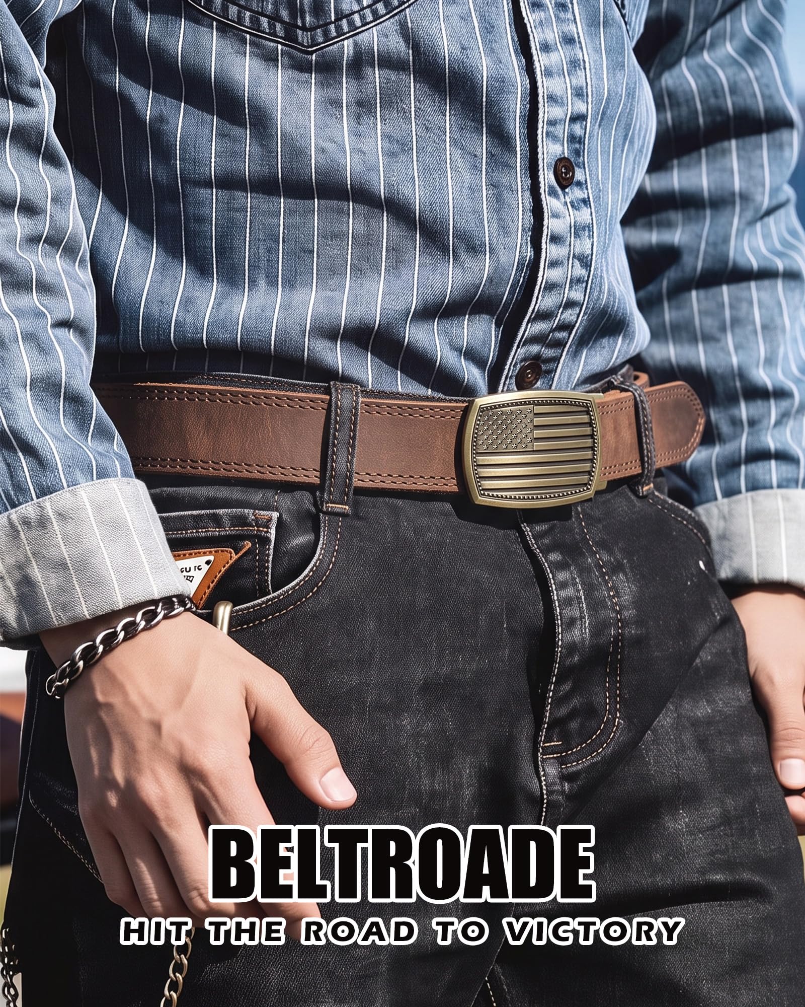 Men's Full Grain Ratchet Sliding Belt 1 3/8" with American Flag Buckle