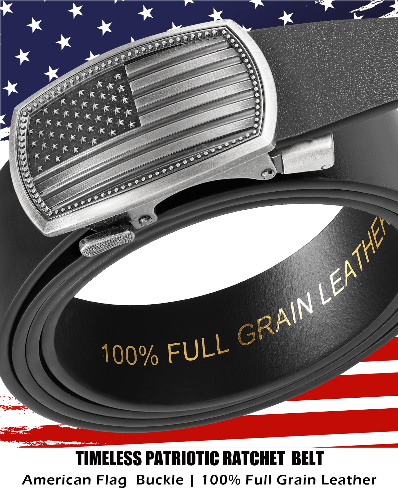 Men's Full Grain Ratchet Sliding Belt 1 3/8" with American Flag Buckle