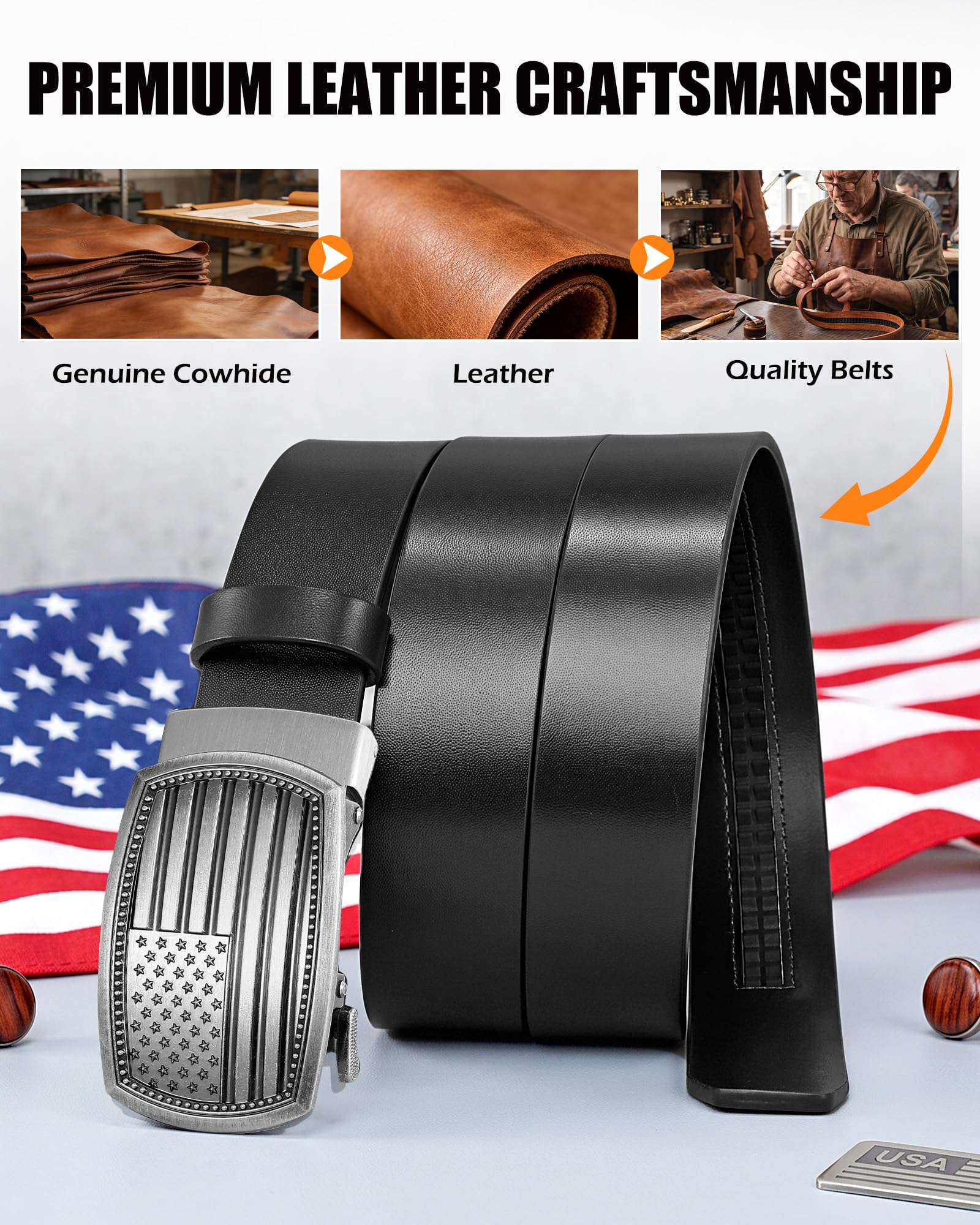 Men's Full Grain Ratchet Sliding Belt 1 3/8" with American Flag Buckle