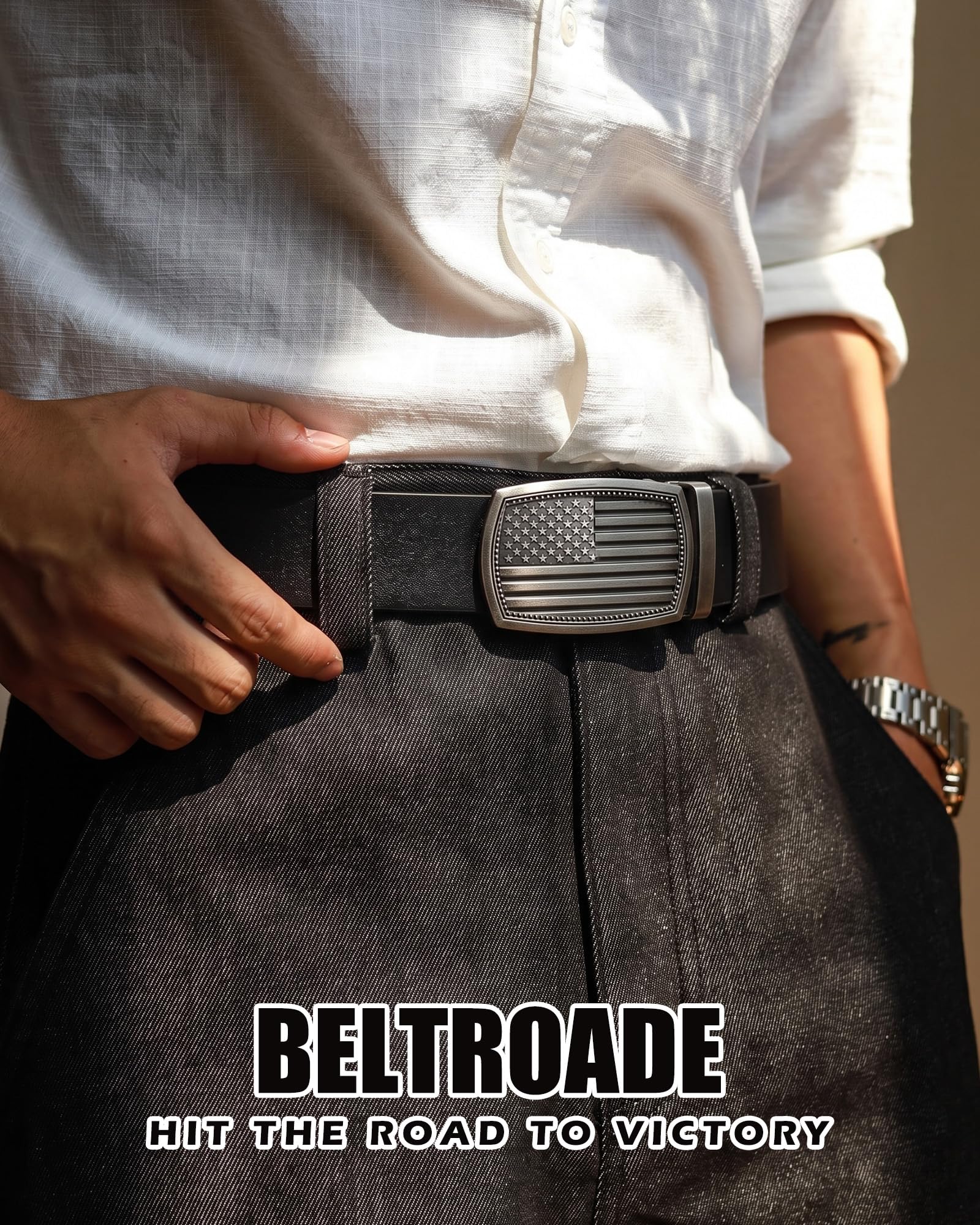 Men's Full Grain Ratchet Sliding Belt 1 3/8" with American Flag Buckle
