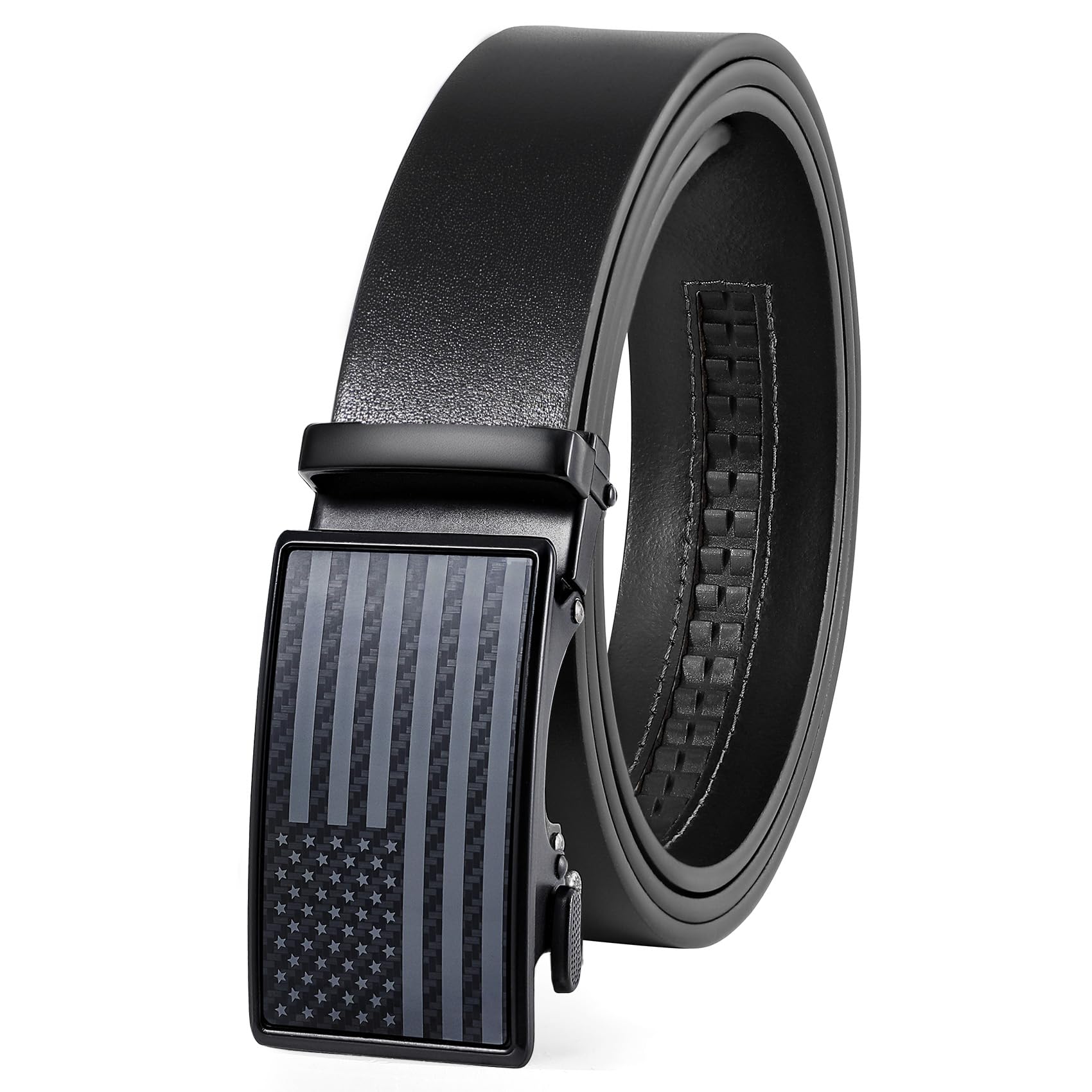 Men's Full Grain Ratchet Sliding Belt 1 3/8" with American Flag Buckle