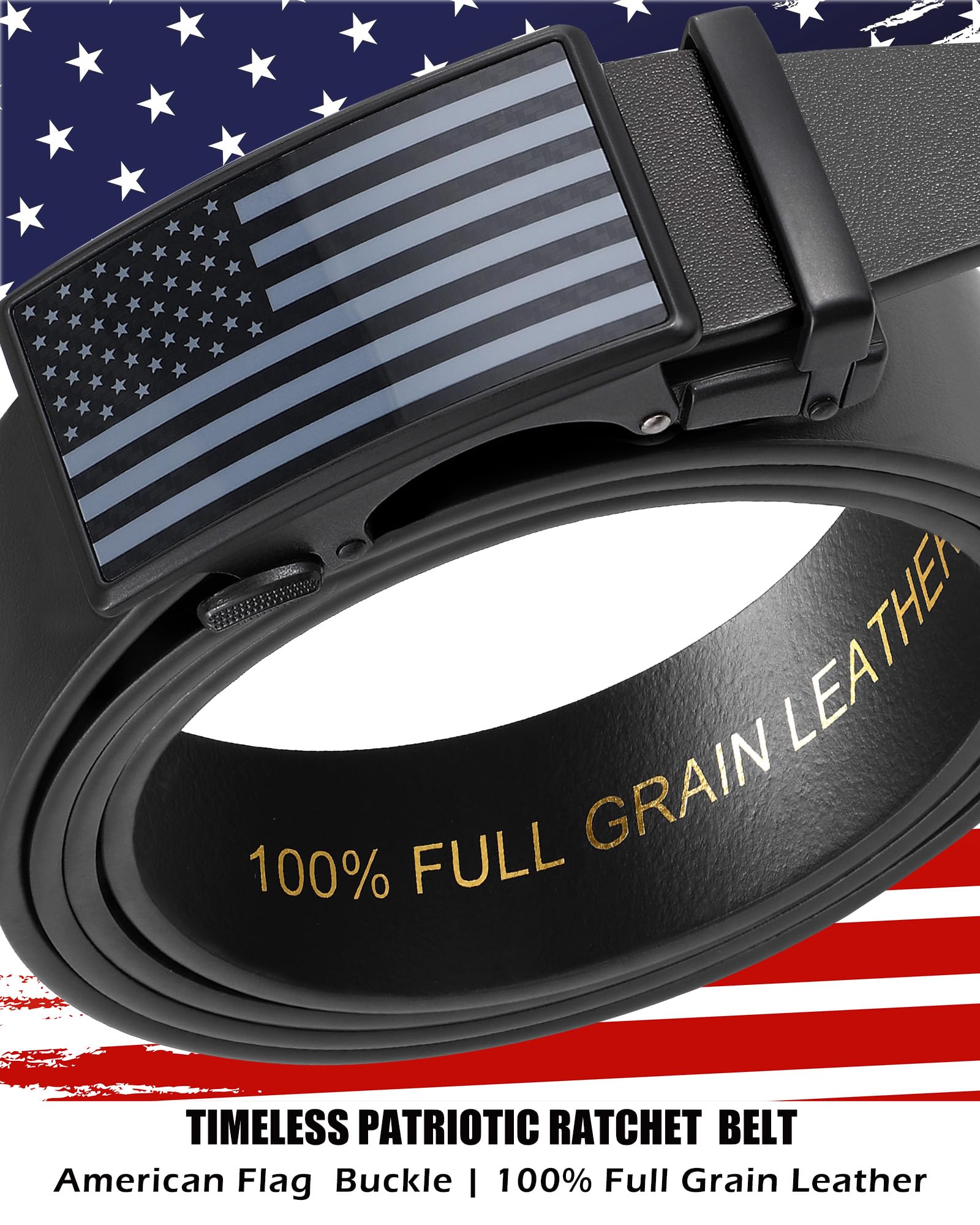 Men's Full Grain Ratchet Sliding Belt 1 3/8" with American Flag Buckle