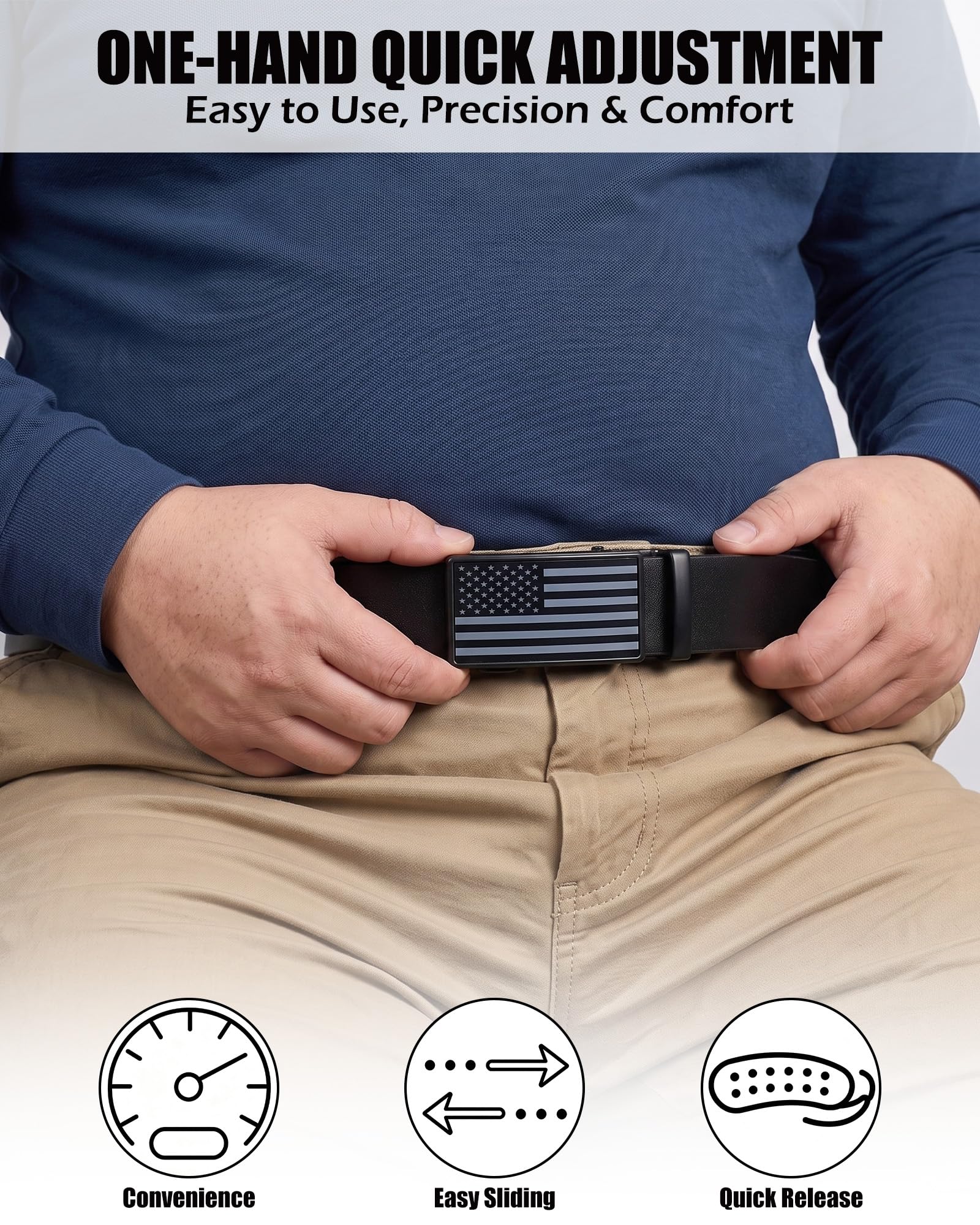 Men's Full Grain Ratchet Sliding Belt 1 3/8" with American Flag Buckle