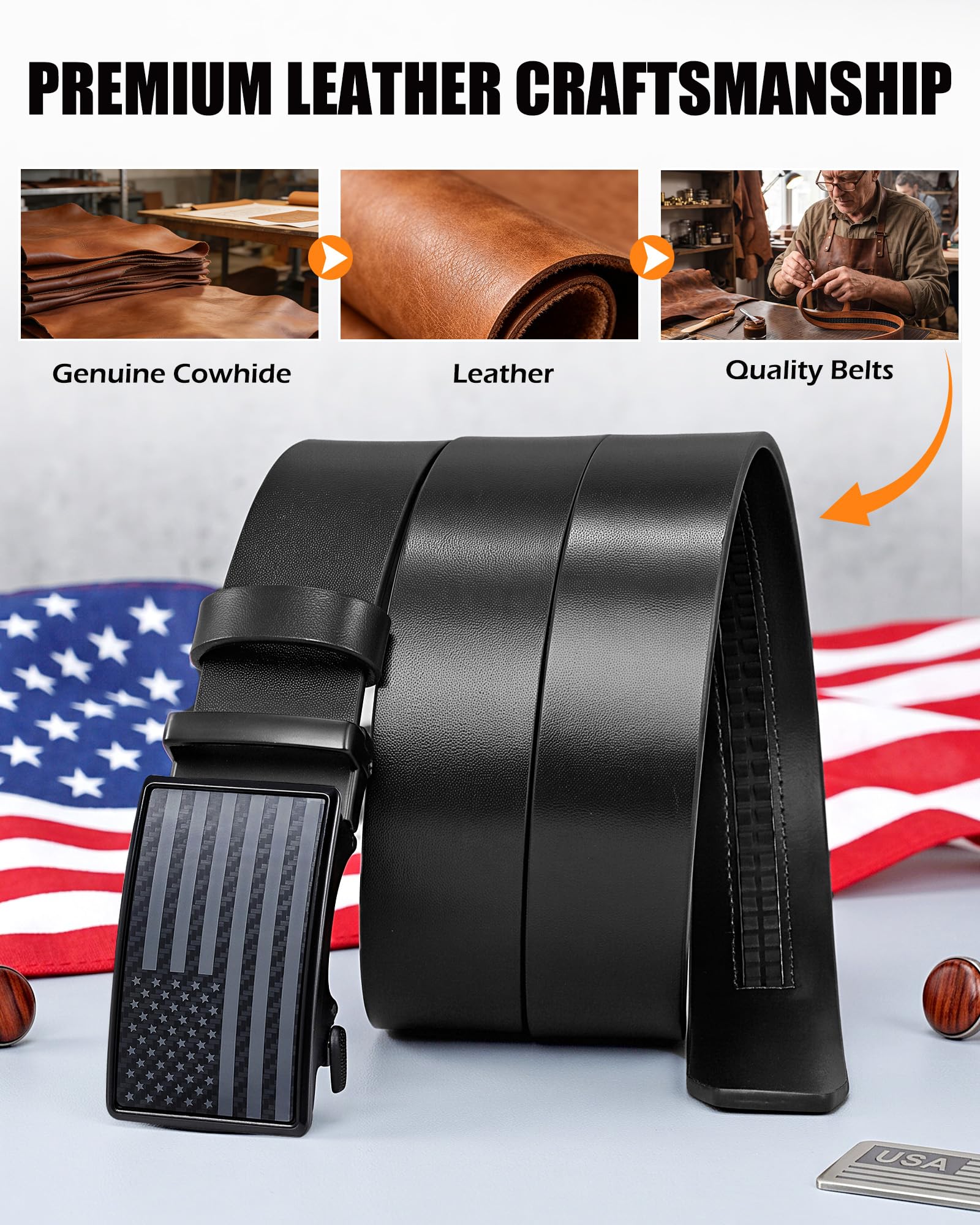 Men's Full Grain Ratchet Sliding Belt 1 3/8" with American Flag Buckle