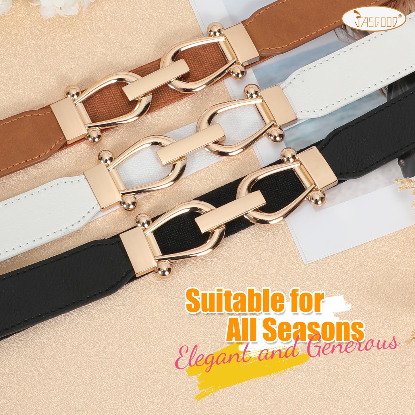 JASGOOD Women Stretchy Waist Belt Retro Elastic Skinny Belt for Ladies with Gold Buckle