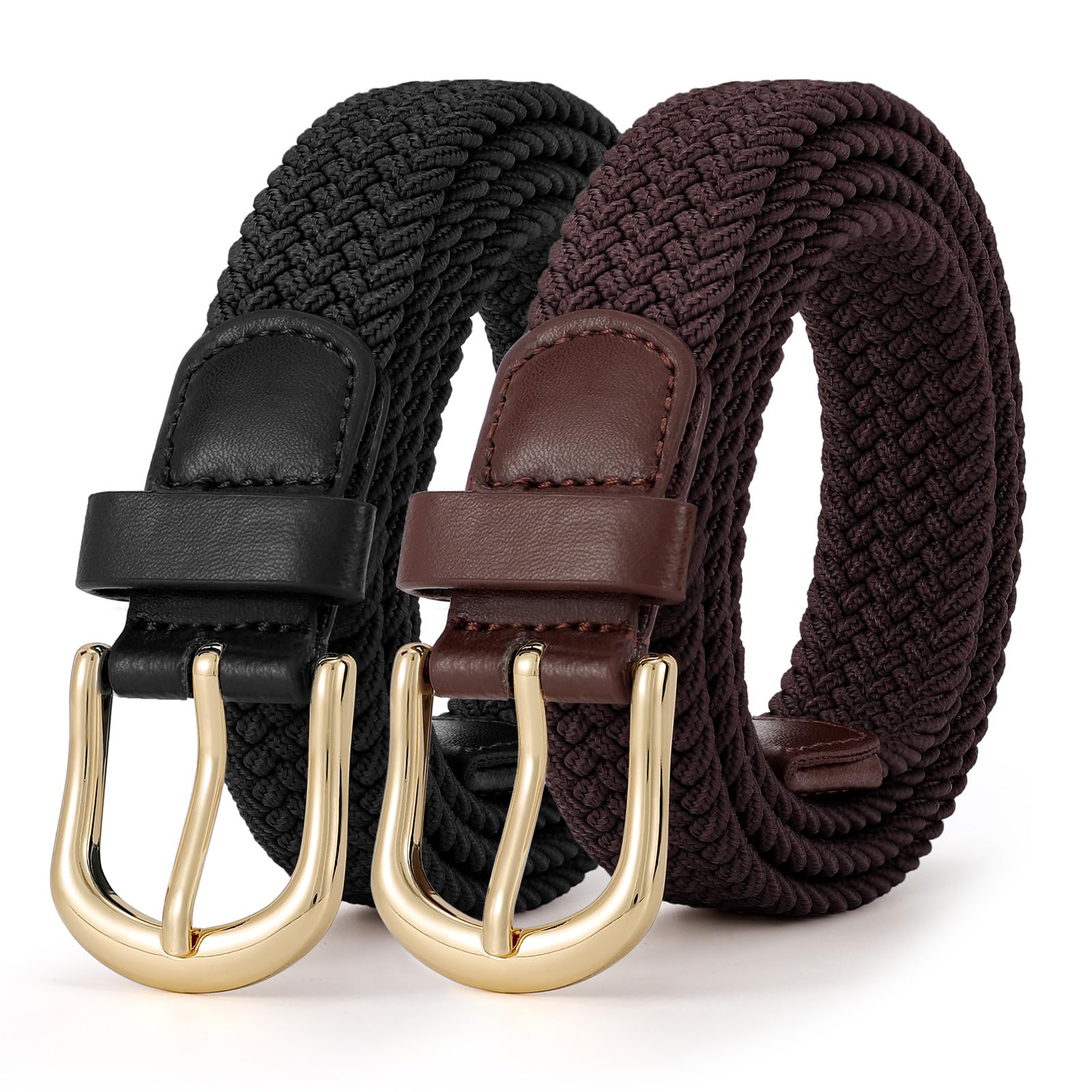 2-Pack Elastic Woven Stretch Fabric Braided Belts for Women