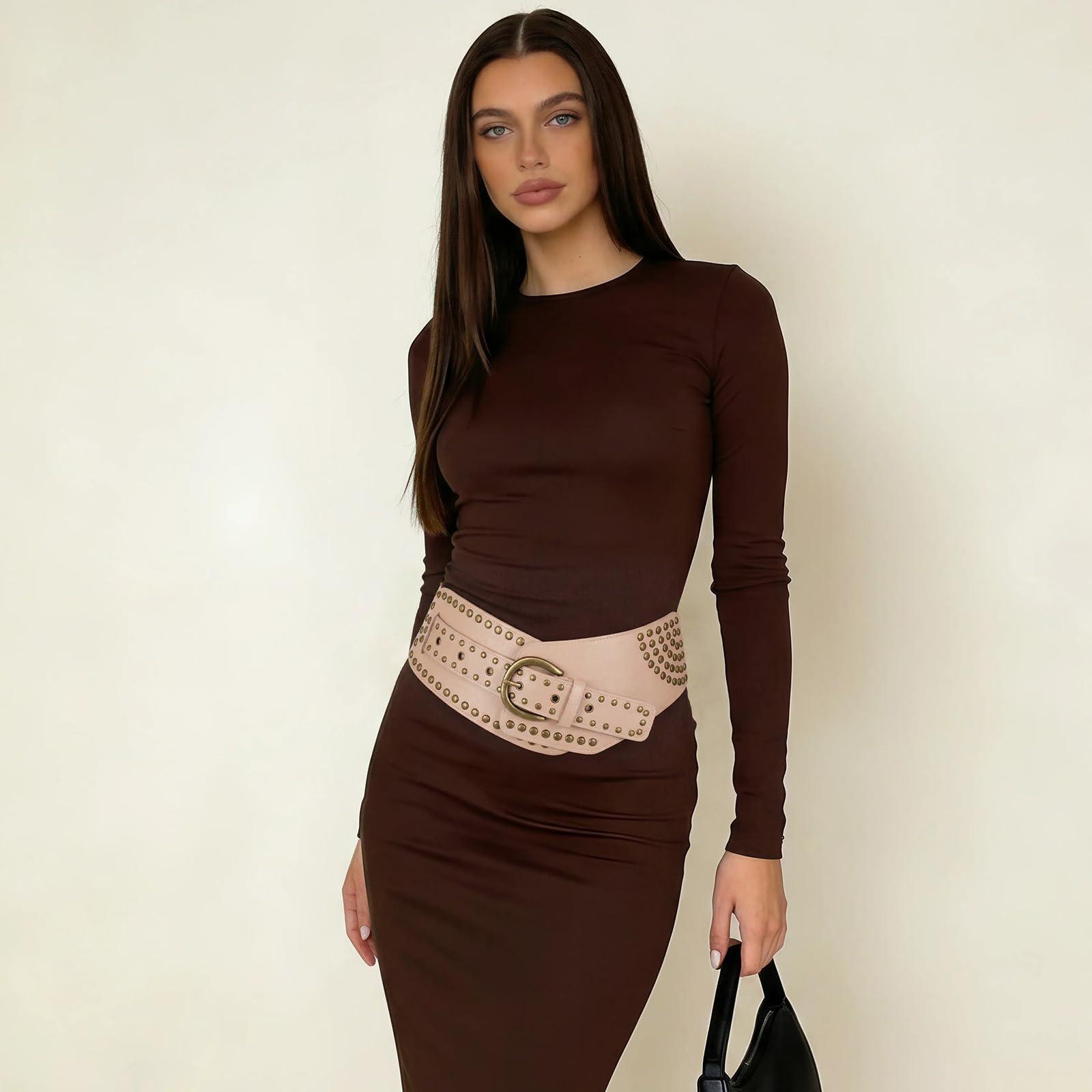 Stretchy Waist Belt with Rivets Metal Buckle