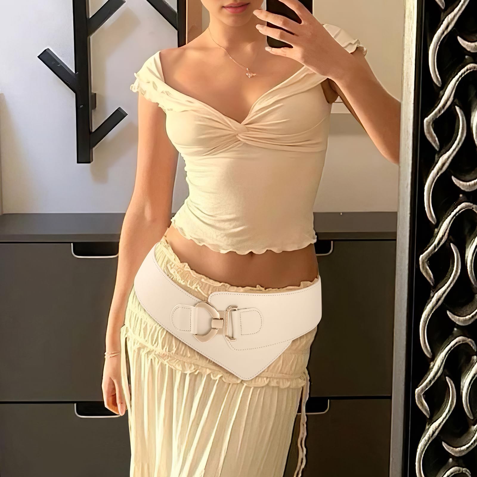 Gold Interlock Buckle Elastic Wide Belt