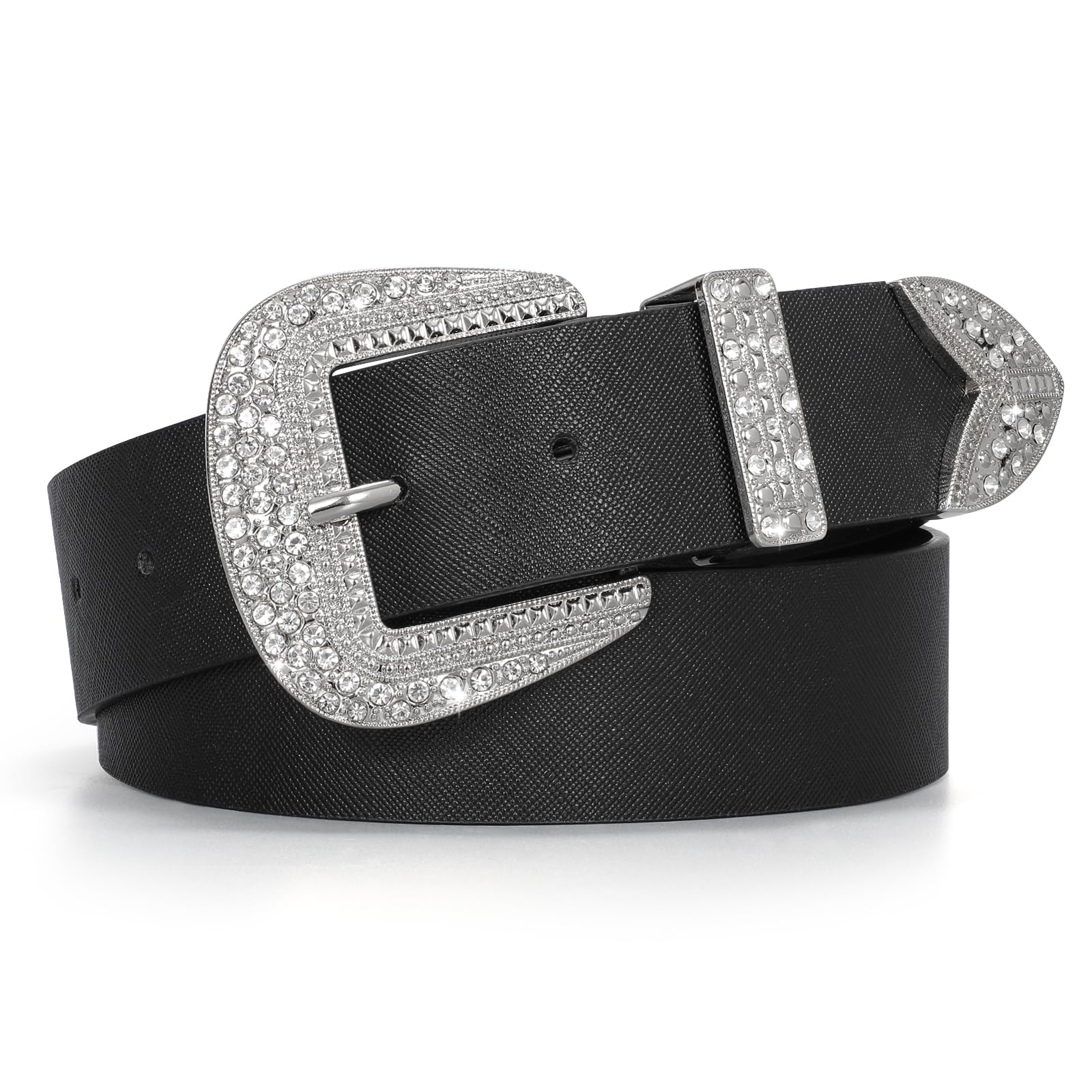 Leather Belts with Rhinestone Silver Buckle