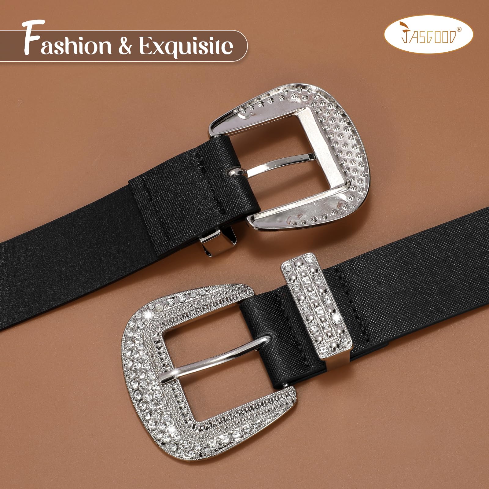 Leather Belts with Rhinestone Silver Buckle