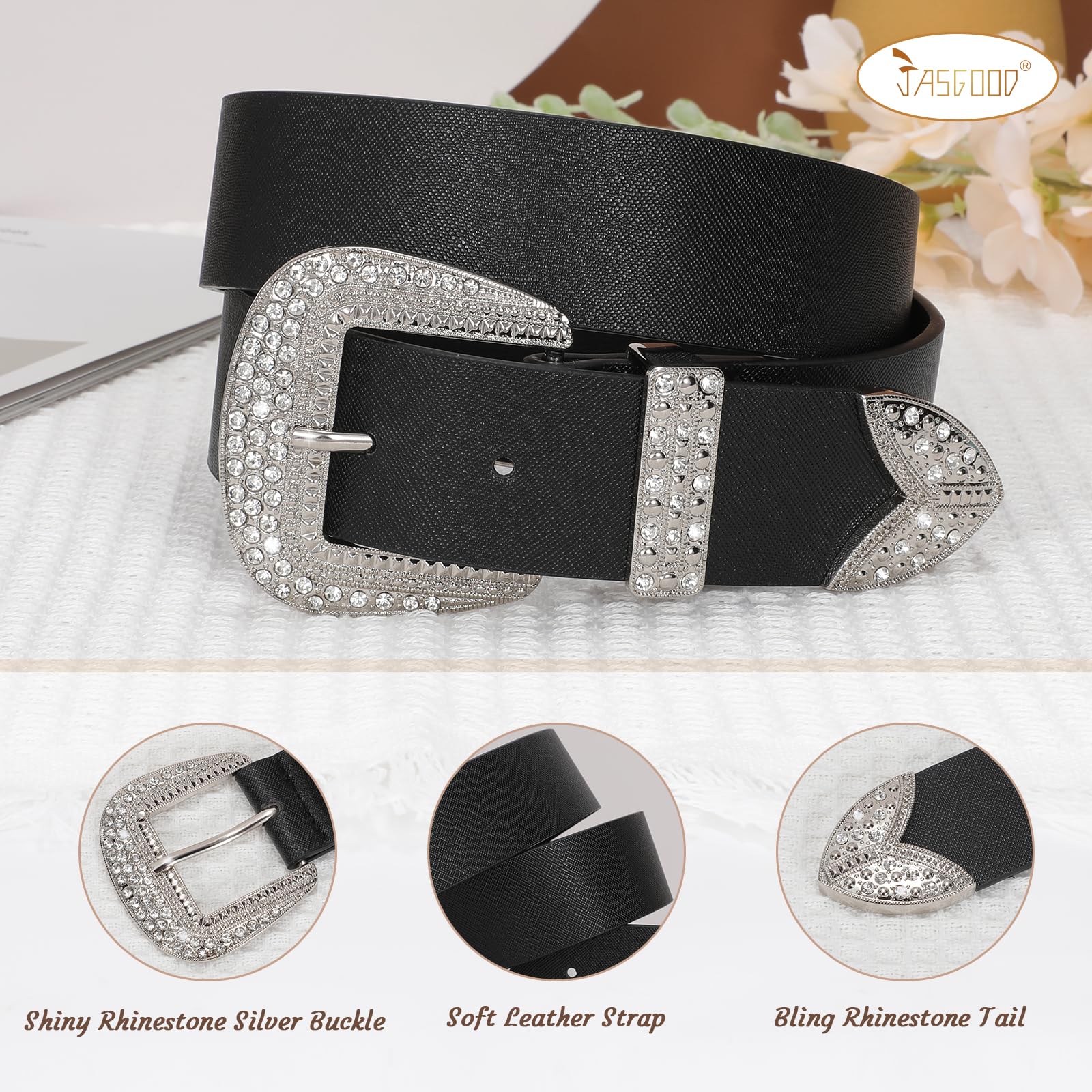 Leather Belts with Rhinestone Silver Buckle