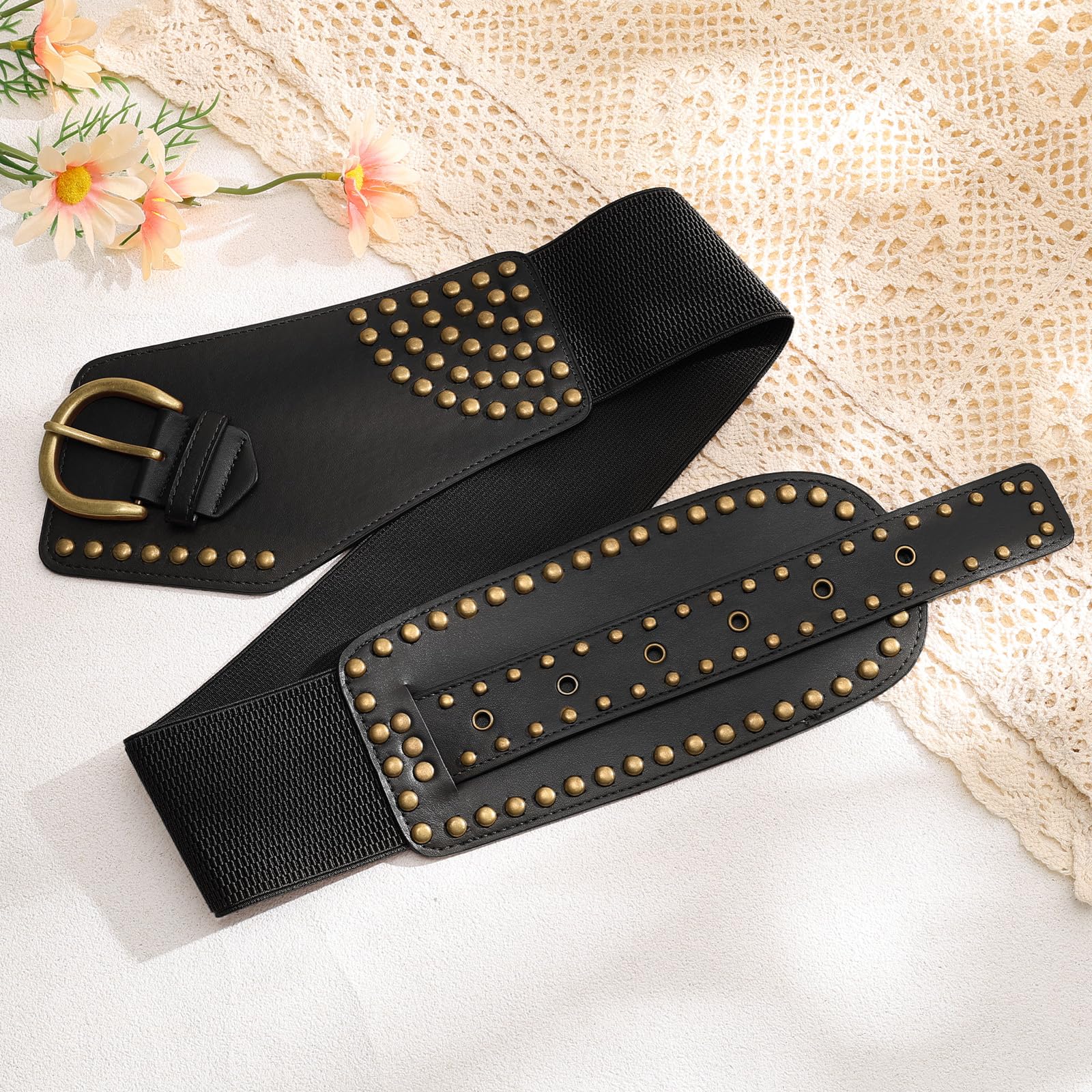 Stretchy Waist Belt with Rivets Metal Buckle