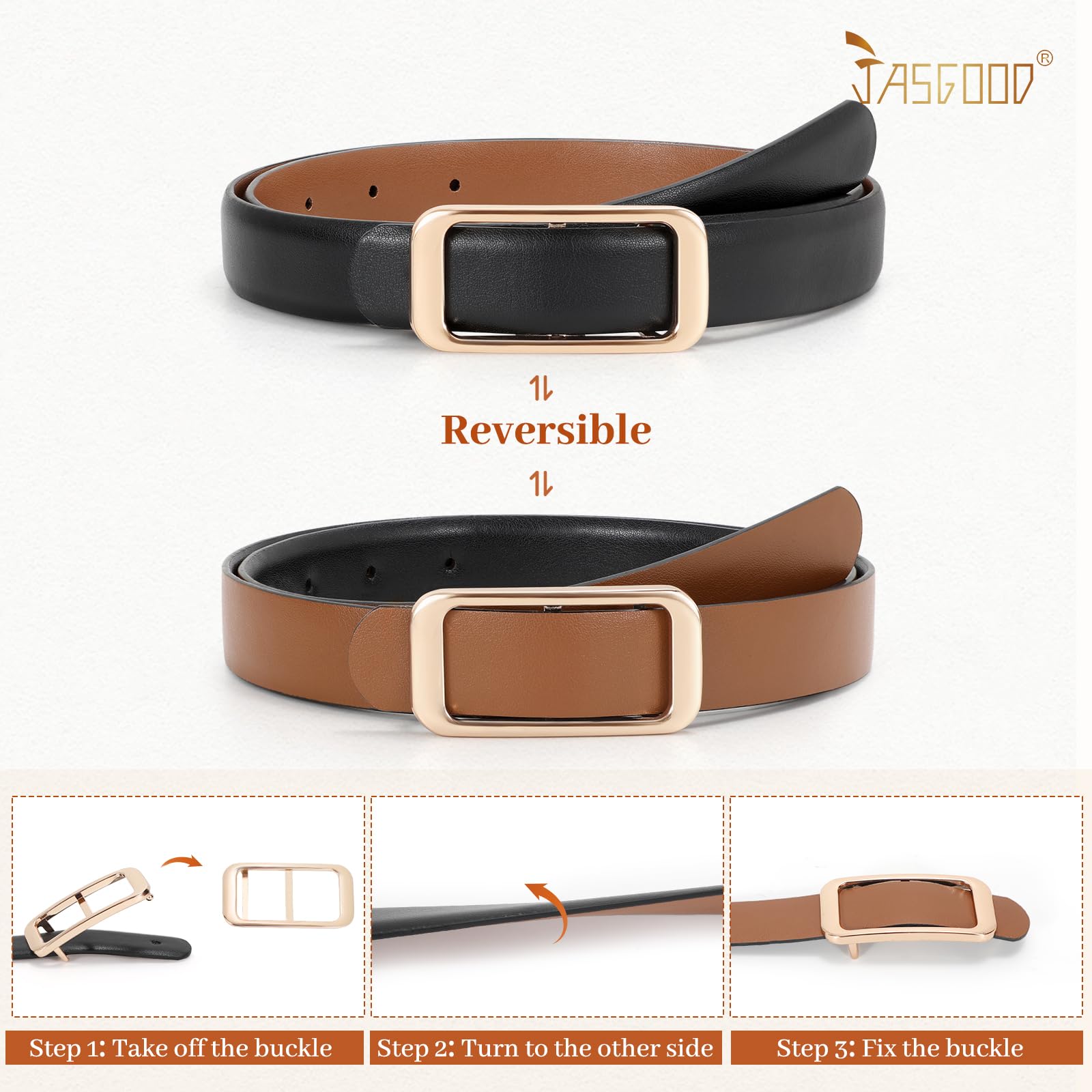 Reversible Skinny Leather Belt 0.9" - JASGOOD OFFICIAL
