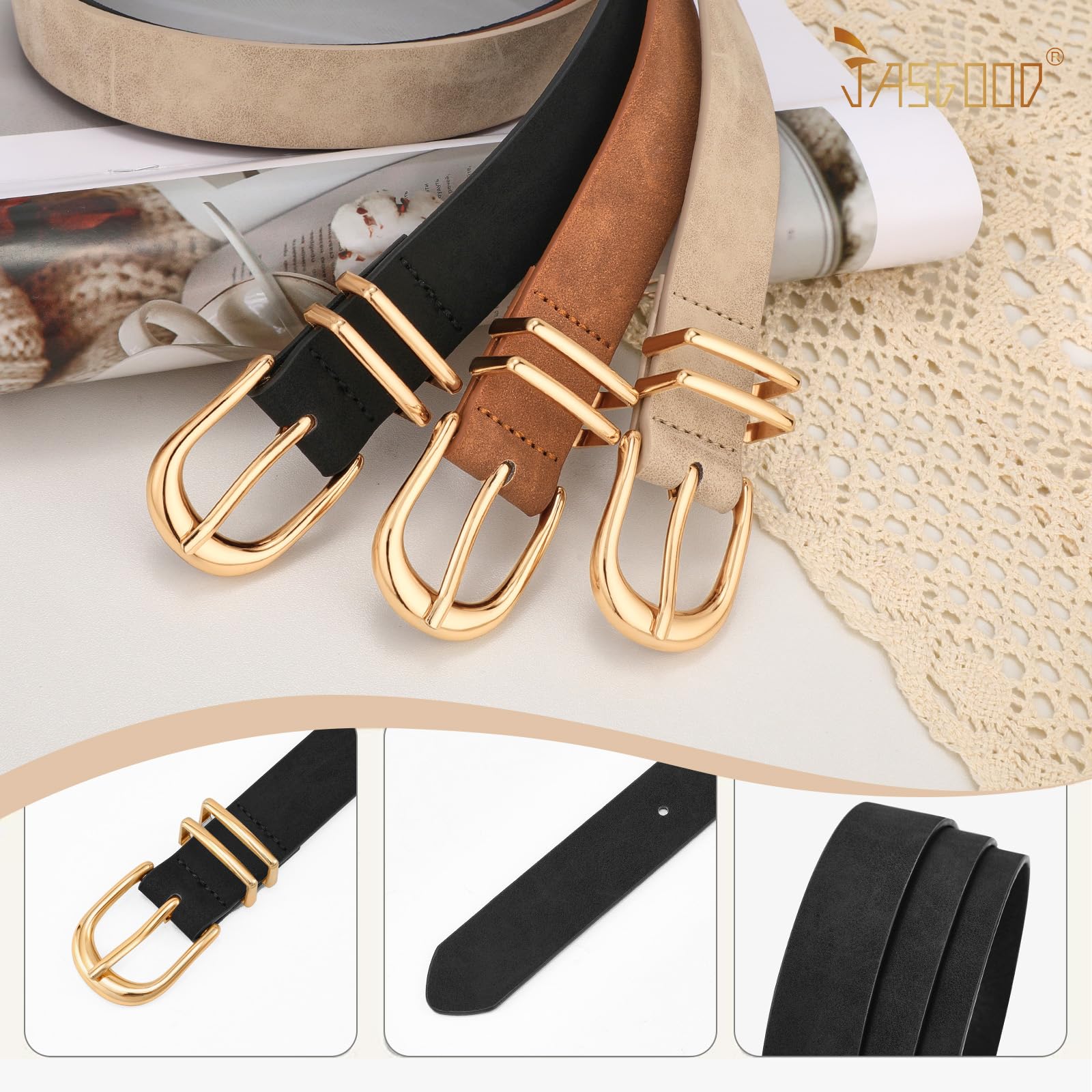 3-Pack Classic Women Vegan Leather Belts For Jeans - JASGOOD OFFICIAL
