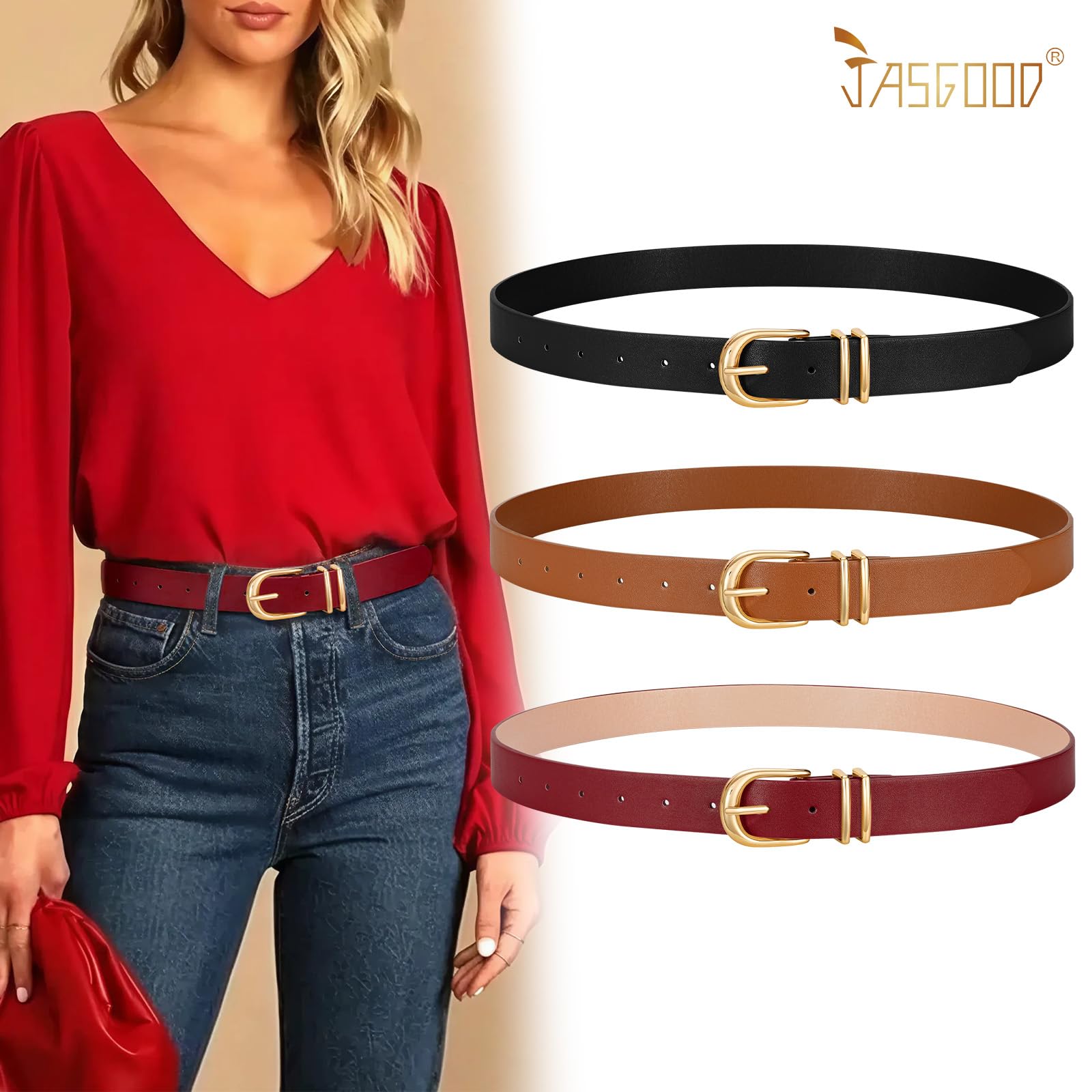 3-Pack Classic Women Vegan Leather Belts For Jeans - JASGOOD OFFICIAL