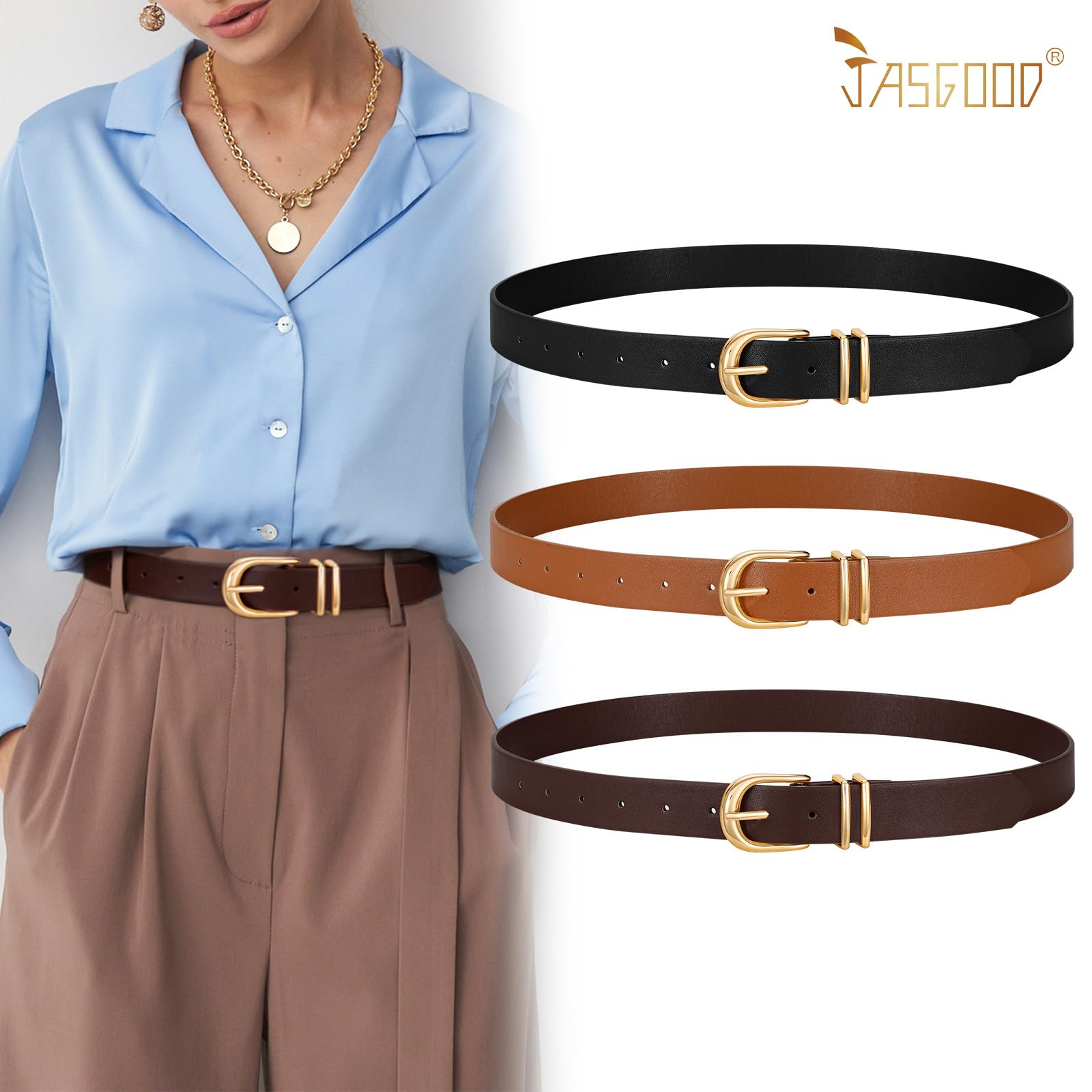 3-Pack Classic Women Vegan Leather Belts For Jeans - JASGOOD OFFICIAL
