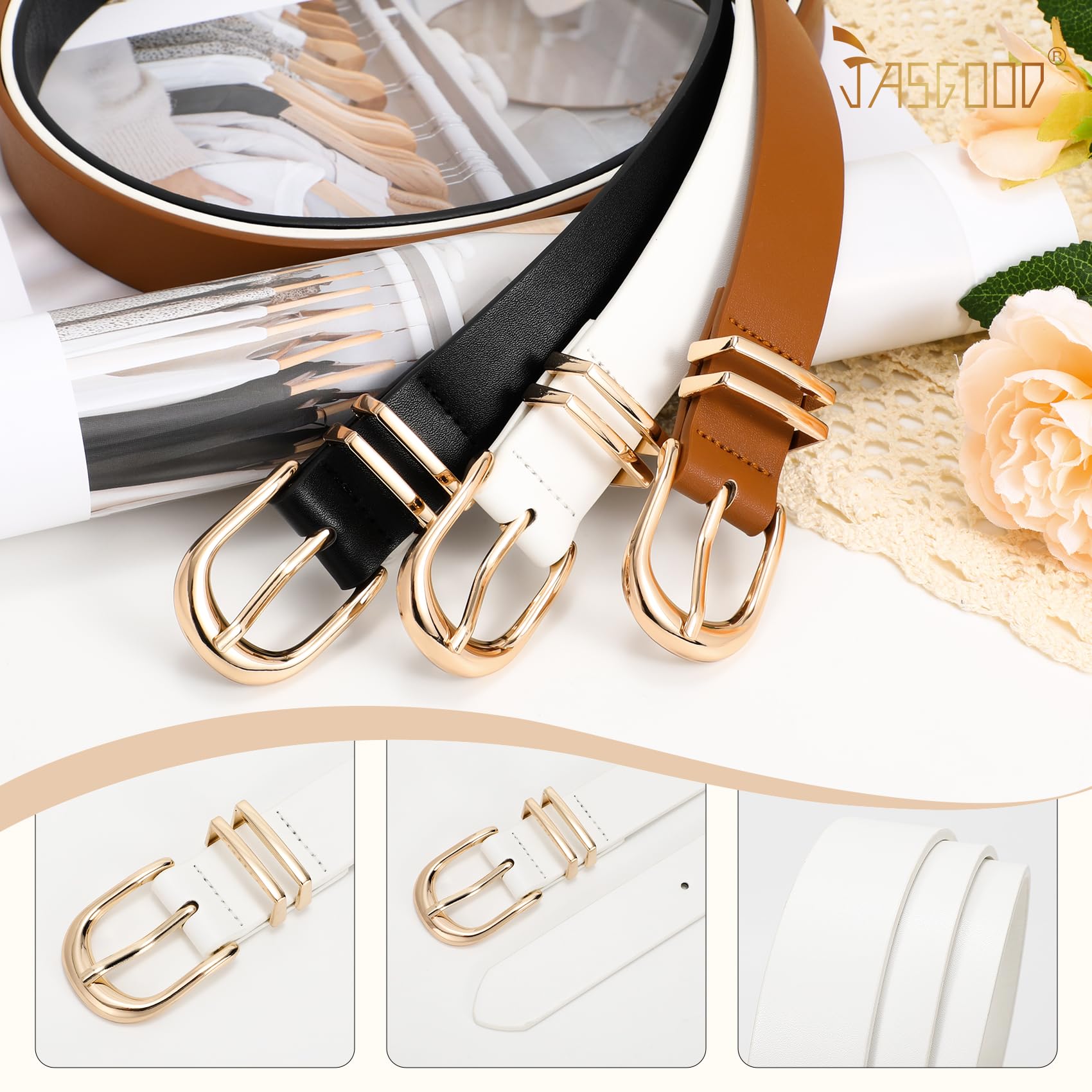 3-Pack Classic Women Vegan Leather Belts For Jeans - JASGOOD OFFICIAL
