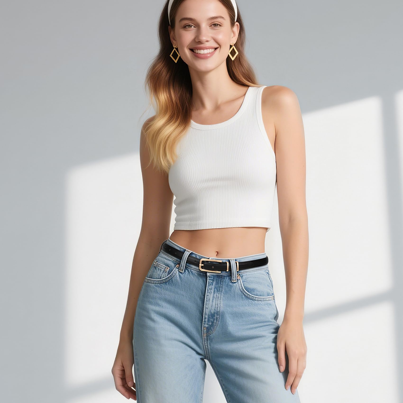 Thin Waist Belt with Square Gold Buckle