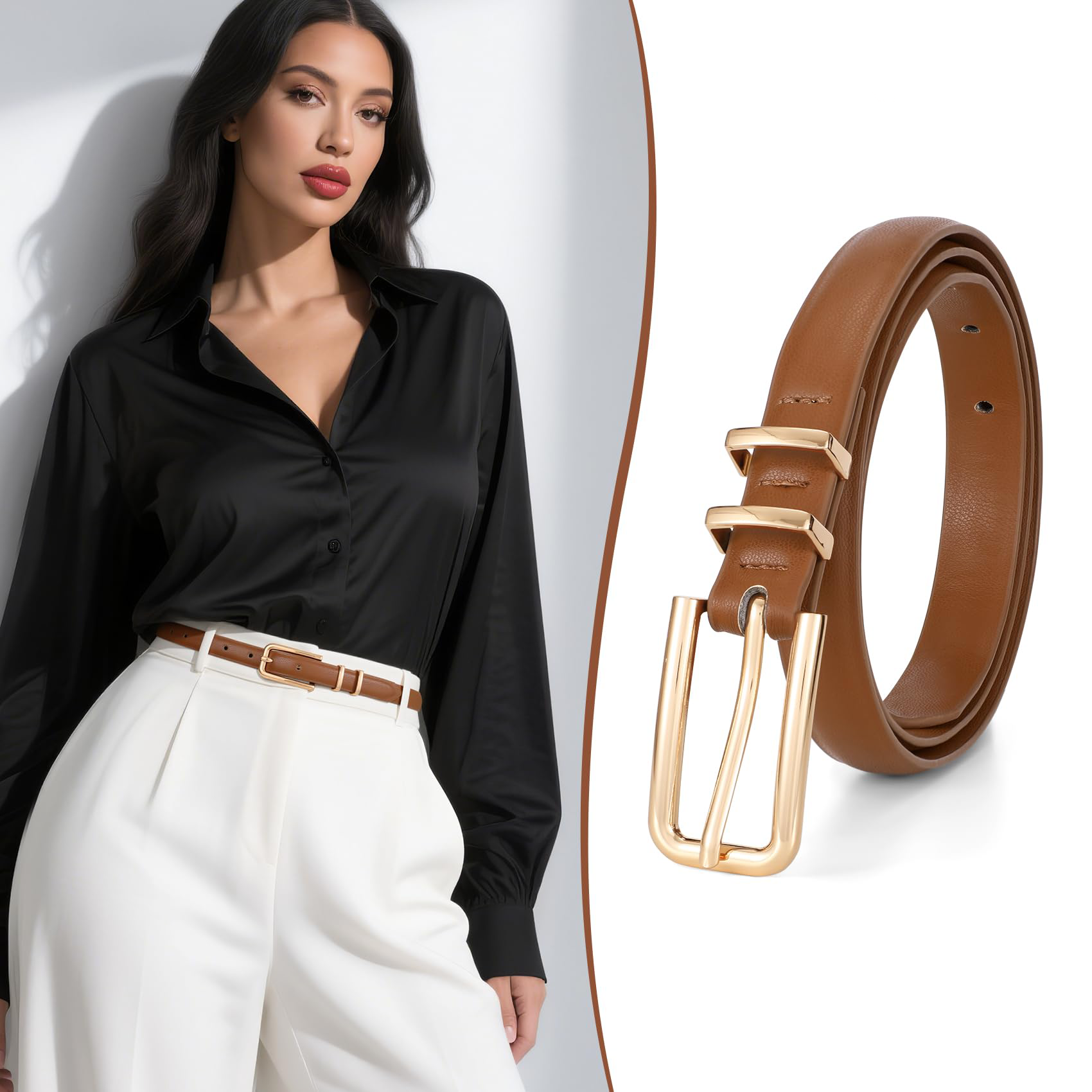 Thin Waist Belt with Square Gold Buckle