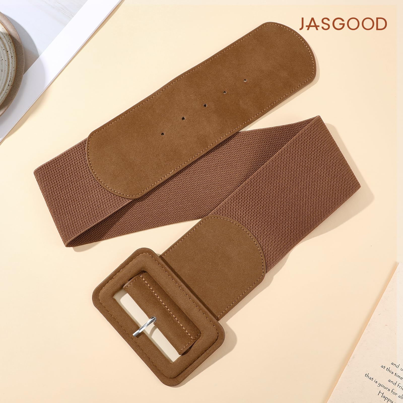 Elastic Suede Wide Belt with Vintage Chunky Square Buckle