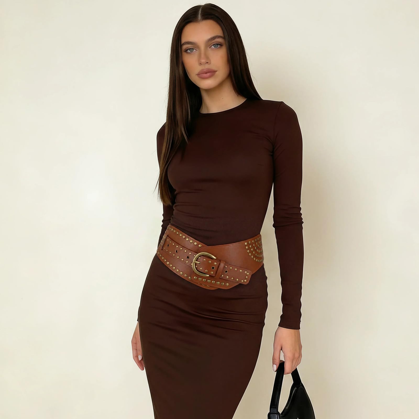 Stretchy Waist Belt with Rivets Metal Buckle
