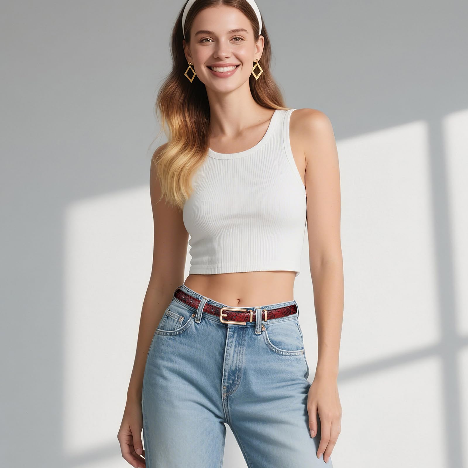 Thin Waist Belt with Square Gold Buckle