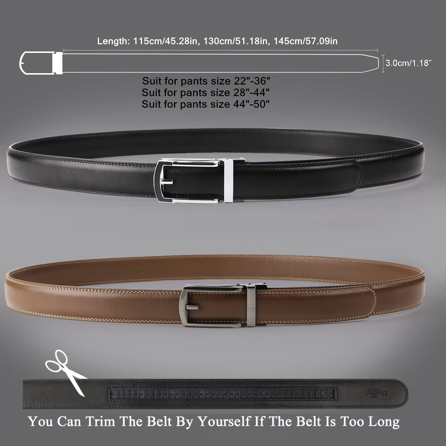 2-Pack Sliding Ratchet Belt For Trousers 1.18" Width