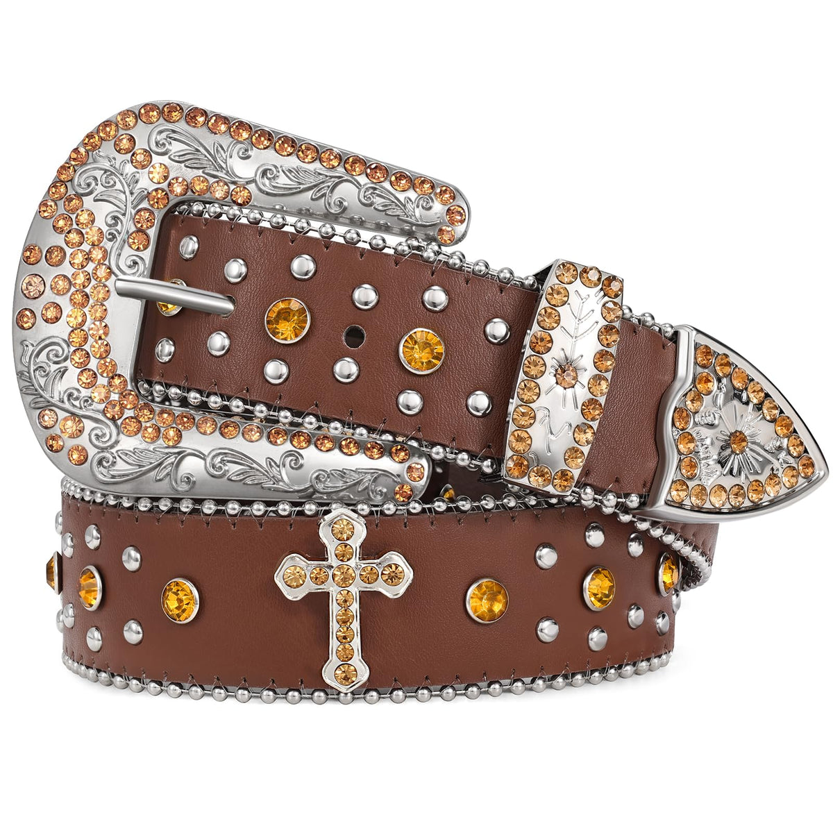 Rhinestone Studded Belt With Cross Crown - JASGOOD OFFICIAL