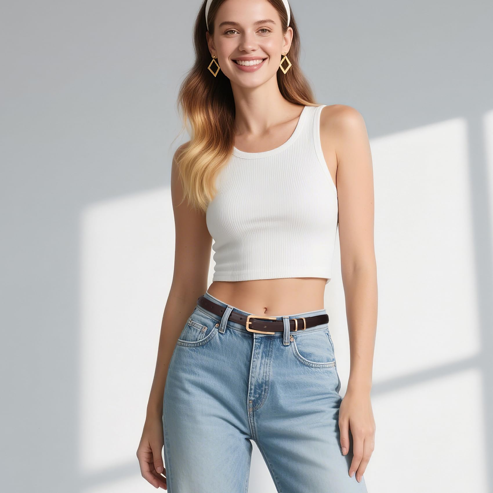 Thin Waist Belt with Square Gold Buckle