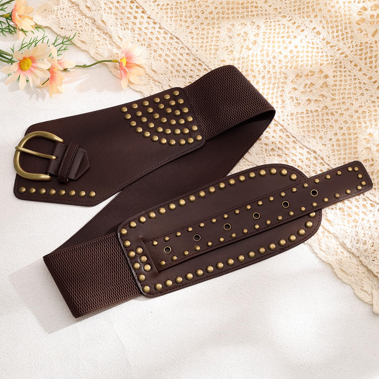 Stretchy Waist Belt with Rivets Metal Buckle