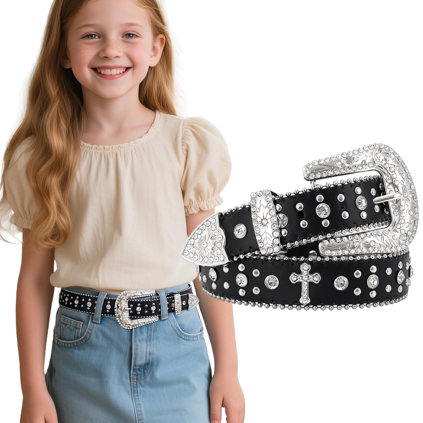 Teens Diamond Studded Bling Western Rhinestone Leather Belt