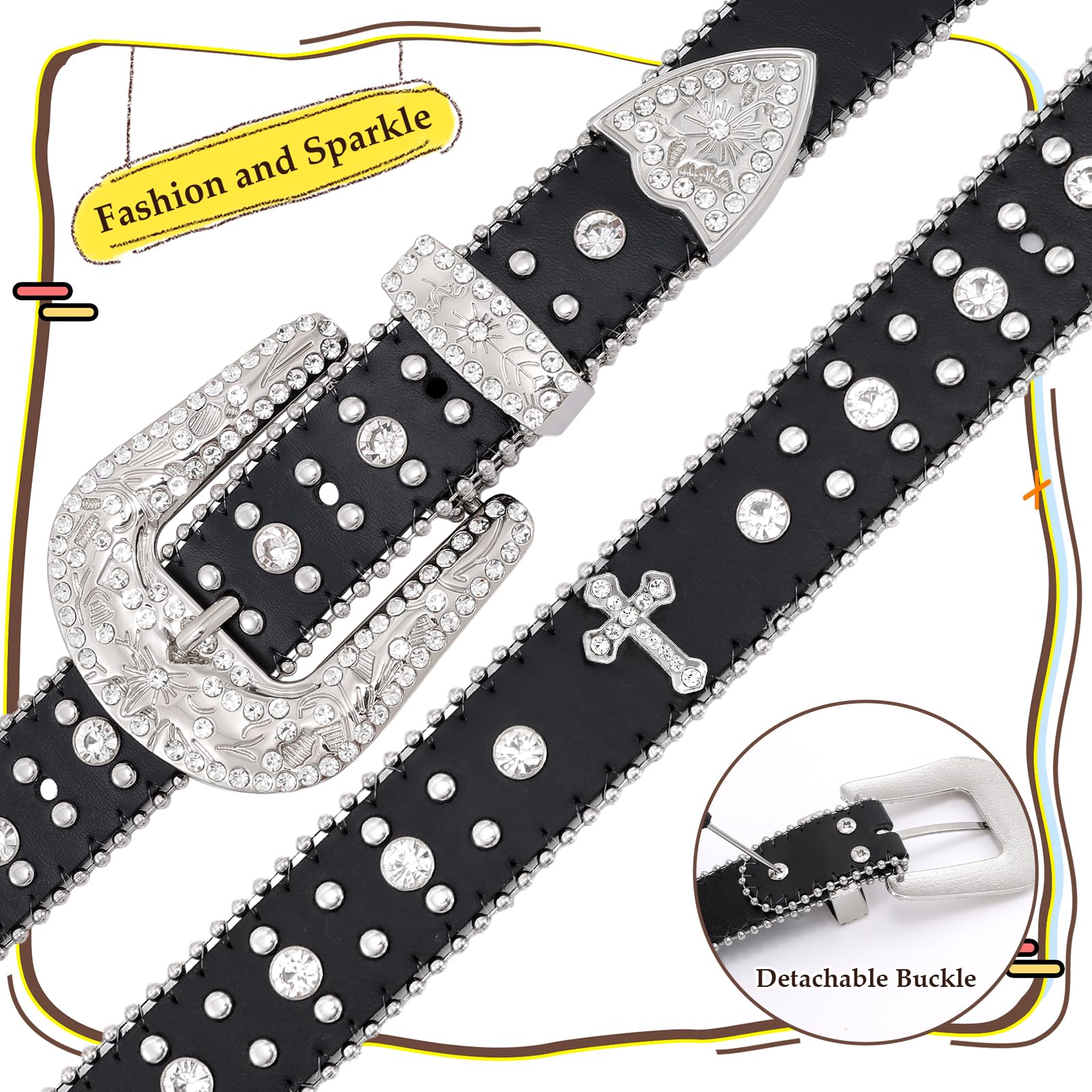 Teens Diamond Studded Bling Western Rhinestone Leather Belt