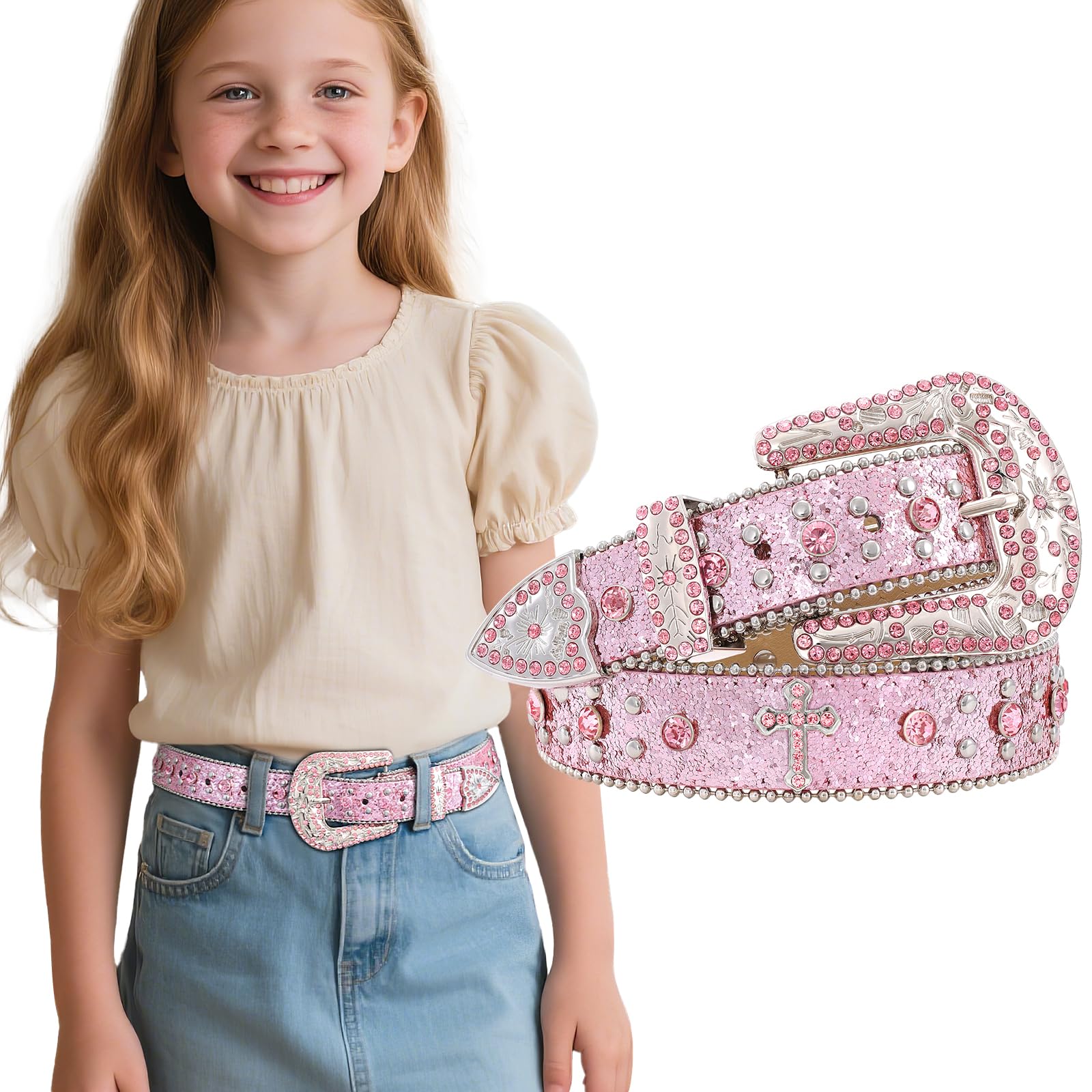 Teens Diamond Studded Bling Western Rhinestone Leather Belt