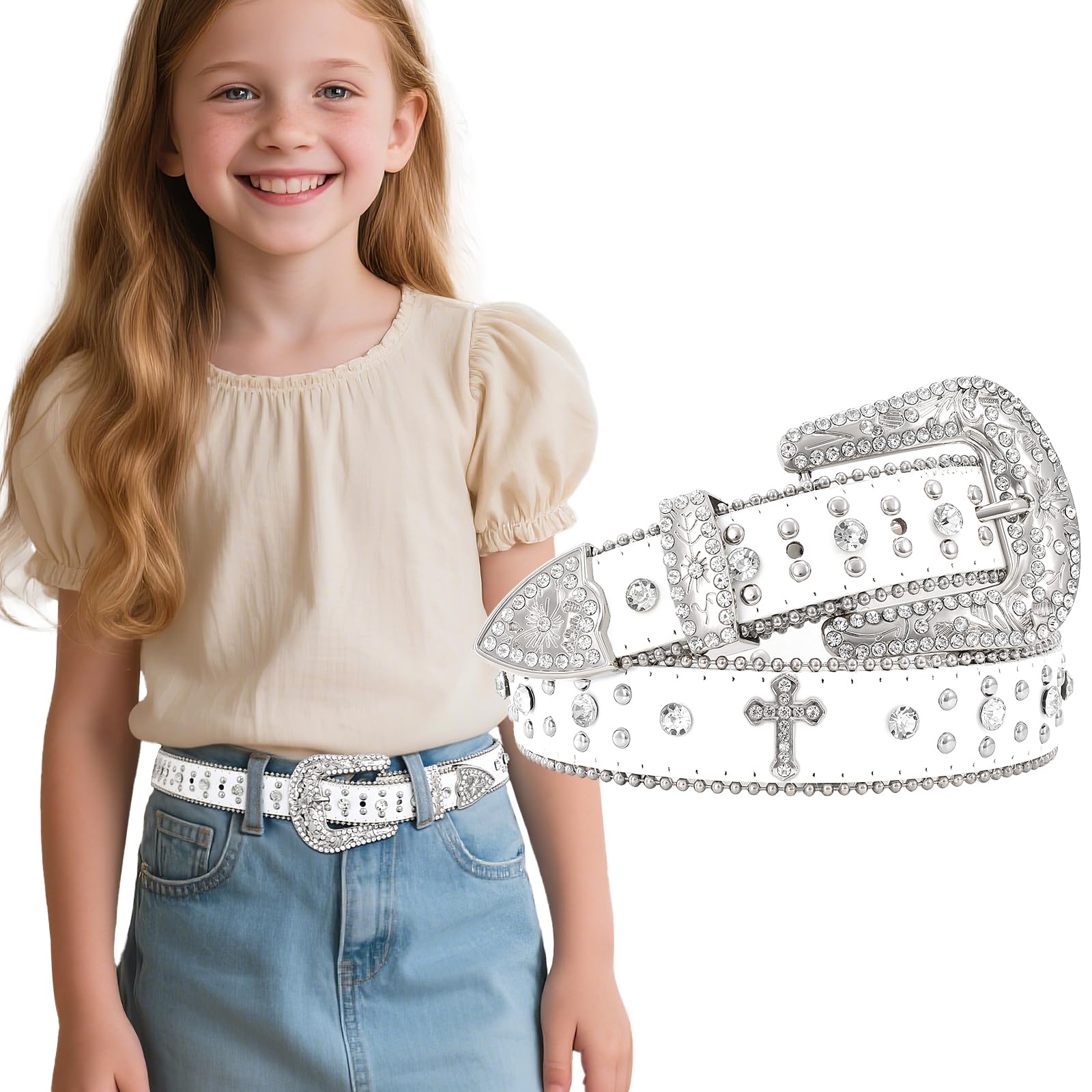 Teens Diamond Studded Bling Western Rhinestone Leather Belt