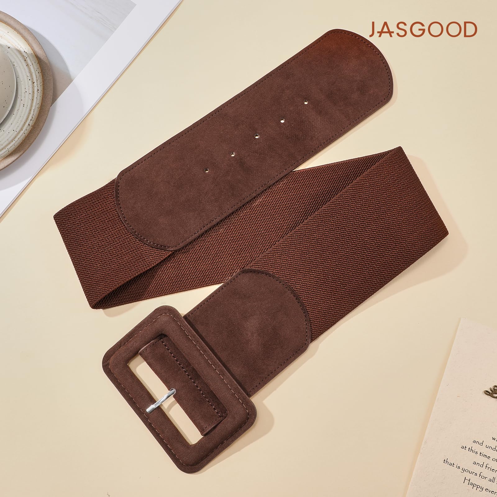 Elastic Suede Wide Belt with Vintage Chunky Square Buckle