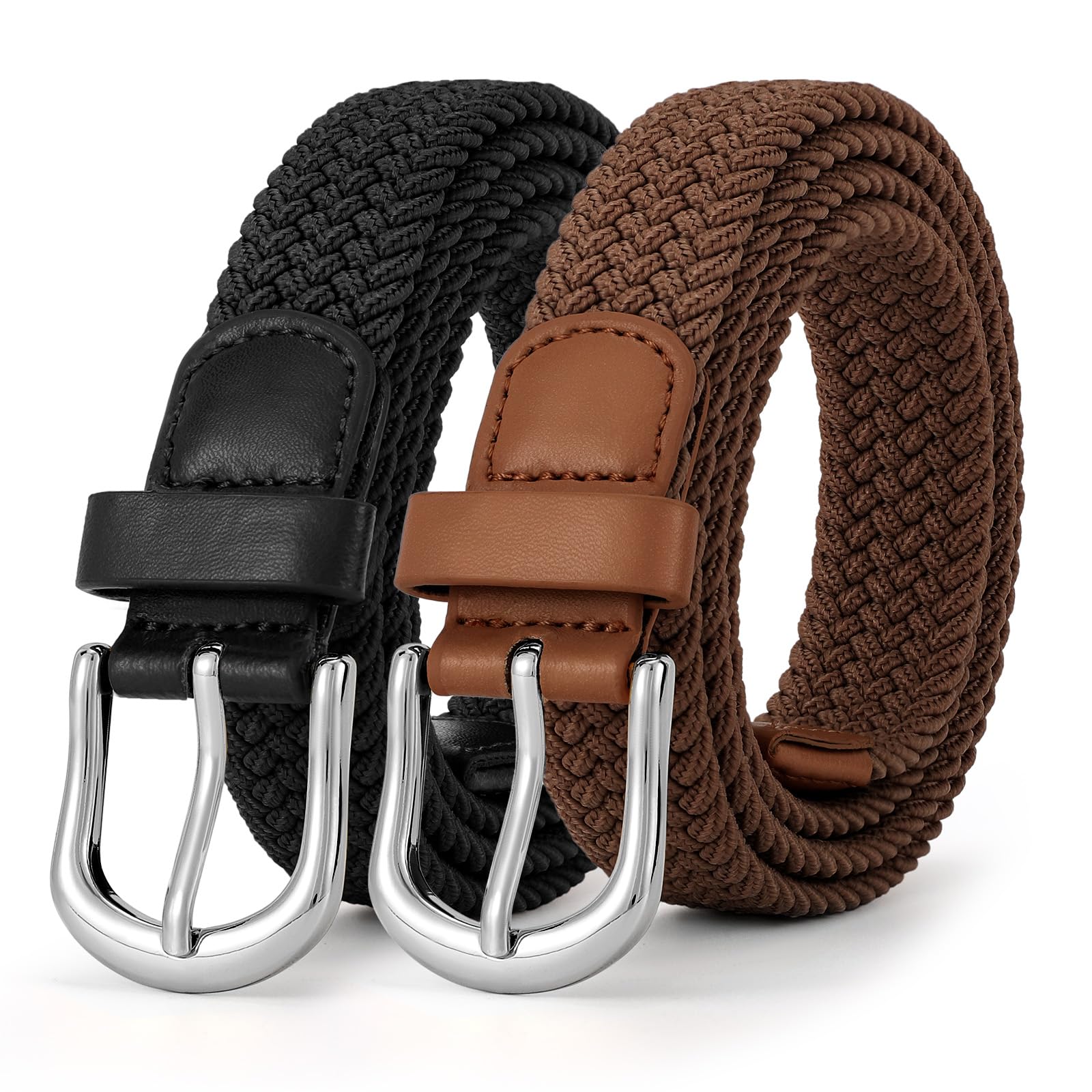 2-Pack Elastic Woven Stretch Fabric Braided Belts for Women