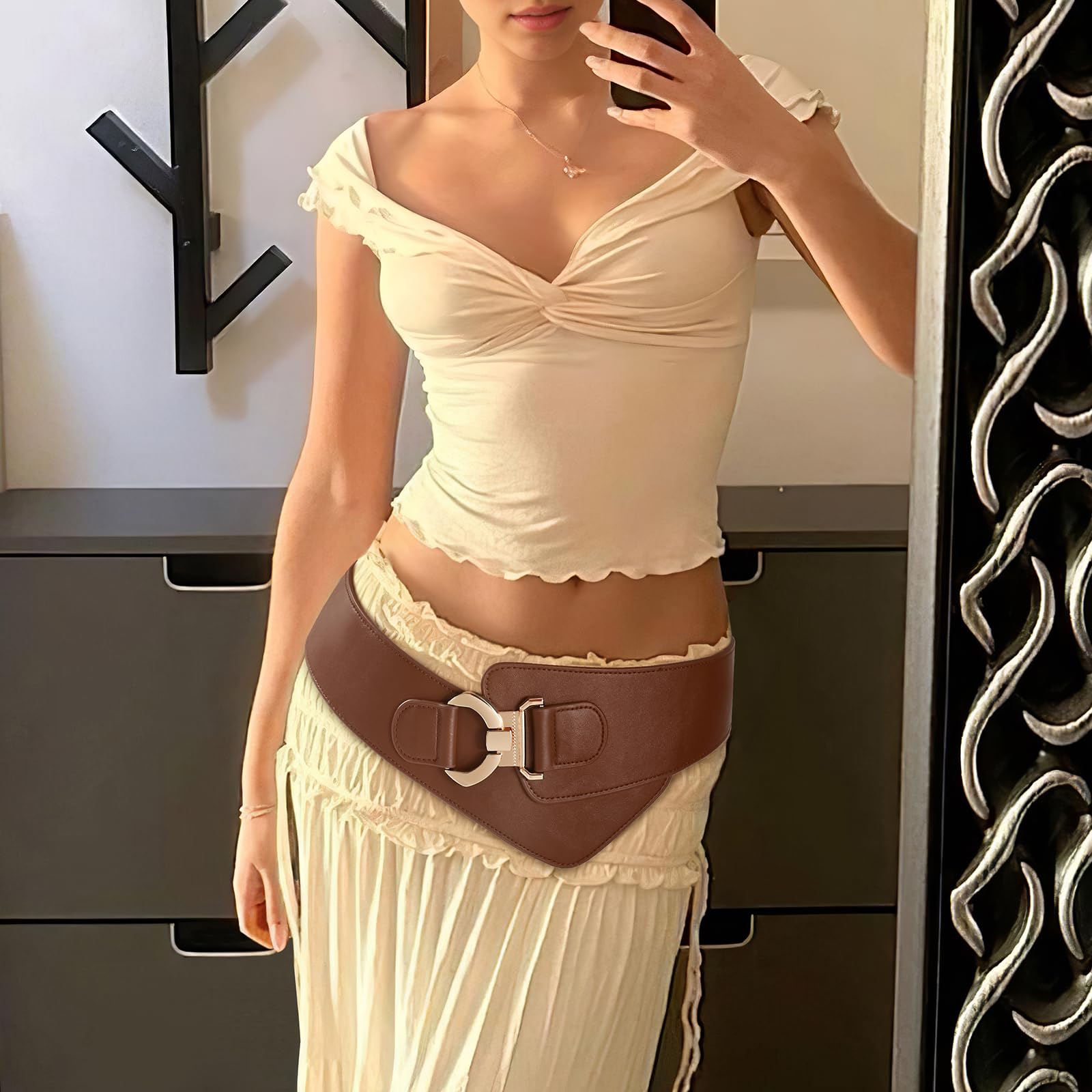 Gold Interlock Buckle Elastic Wide Belt