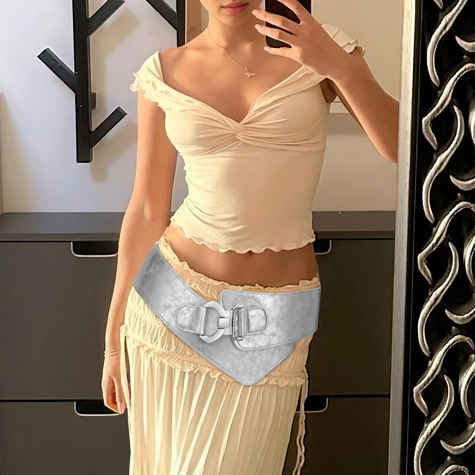 Gold Interlock Buckle Elastic Wide Belt