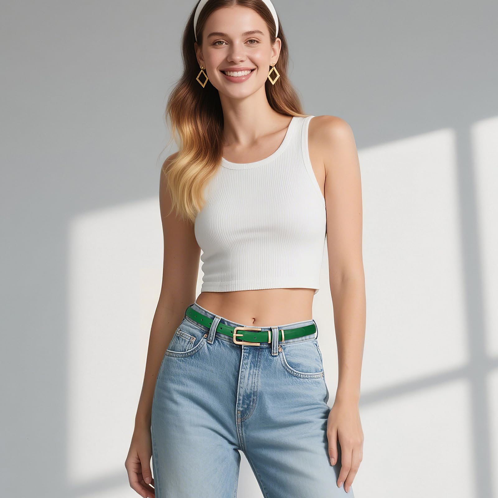 Thin Waist Belt with Square Gold Buckle