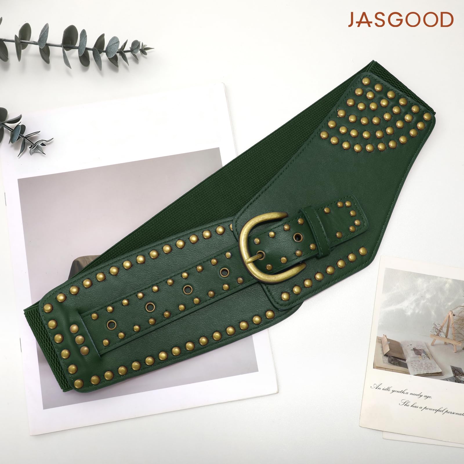 Stretchy Waist Belt with Rivets Metal Buckle