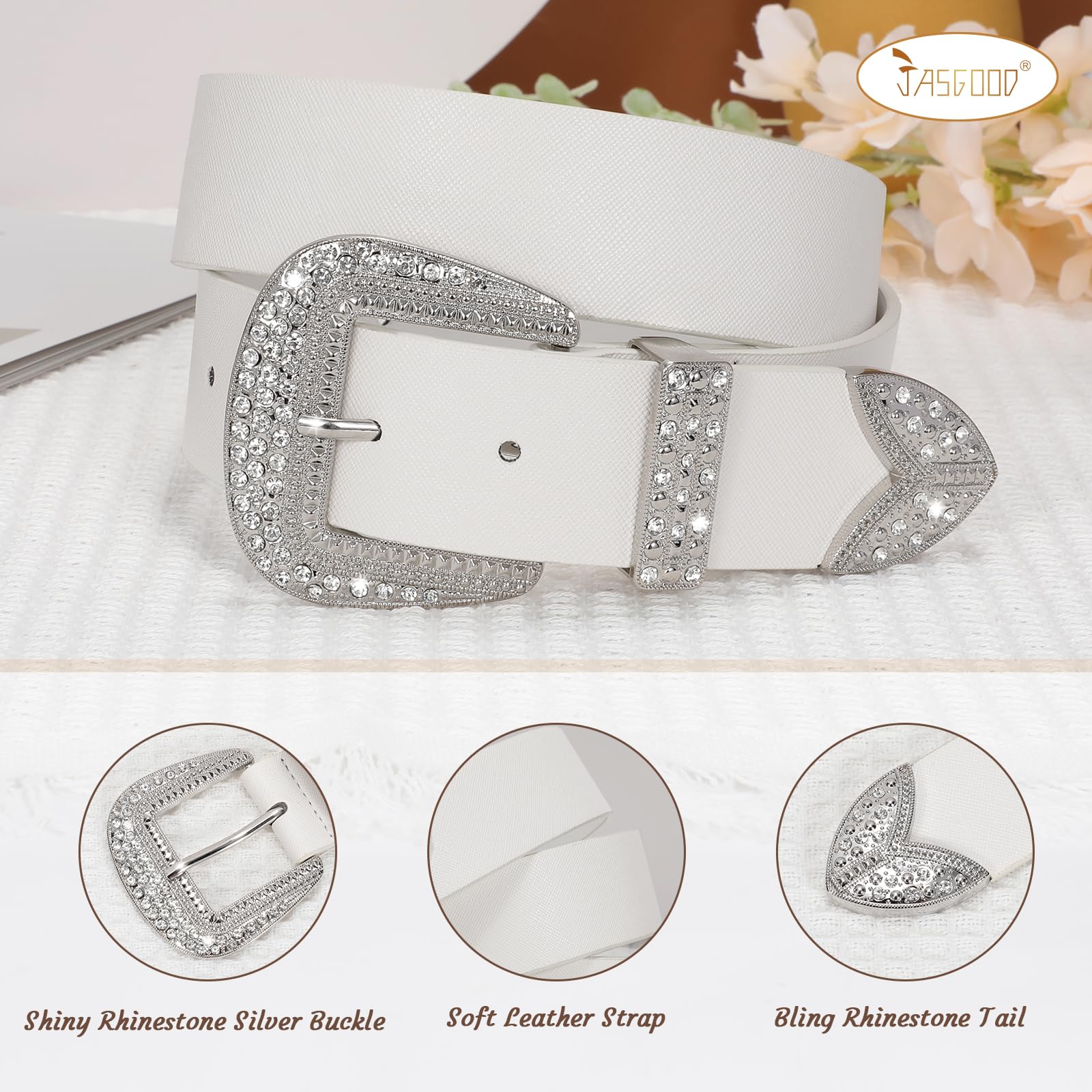 Leather Belts with Rhinestone Silver Buckle