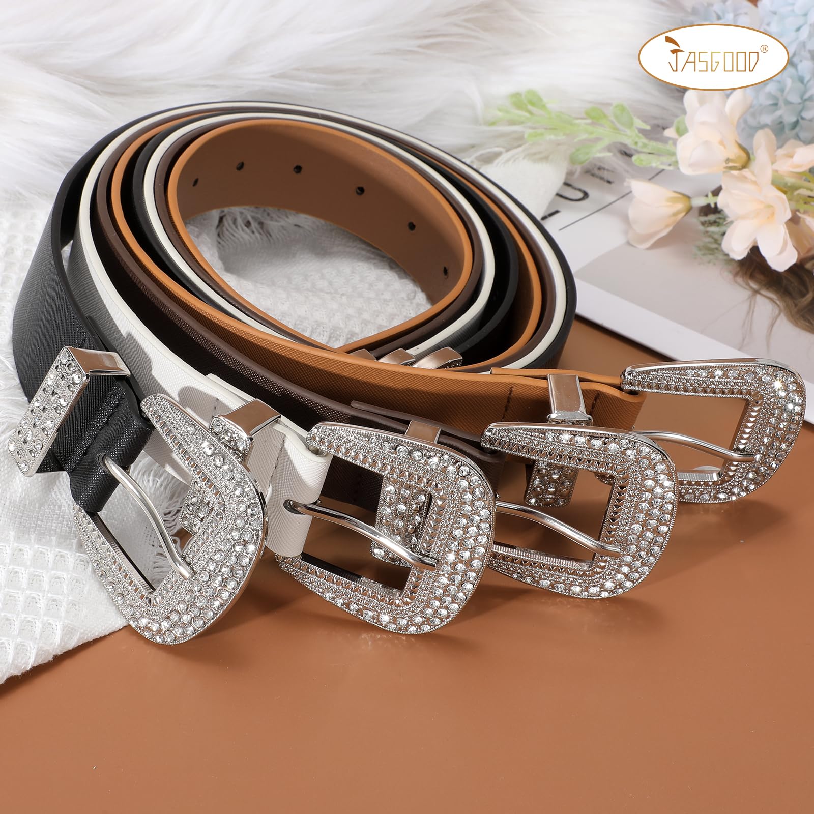 Leather Belts with Rhinestone Silver Buckle