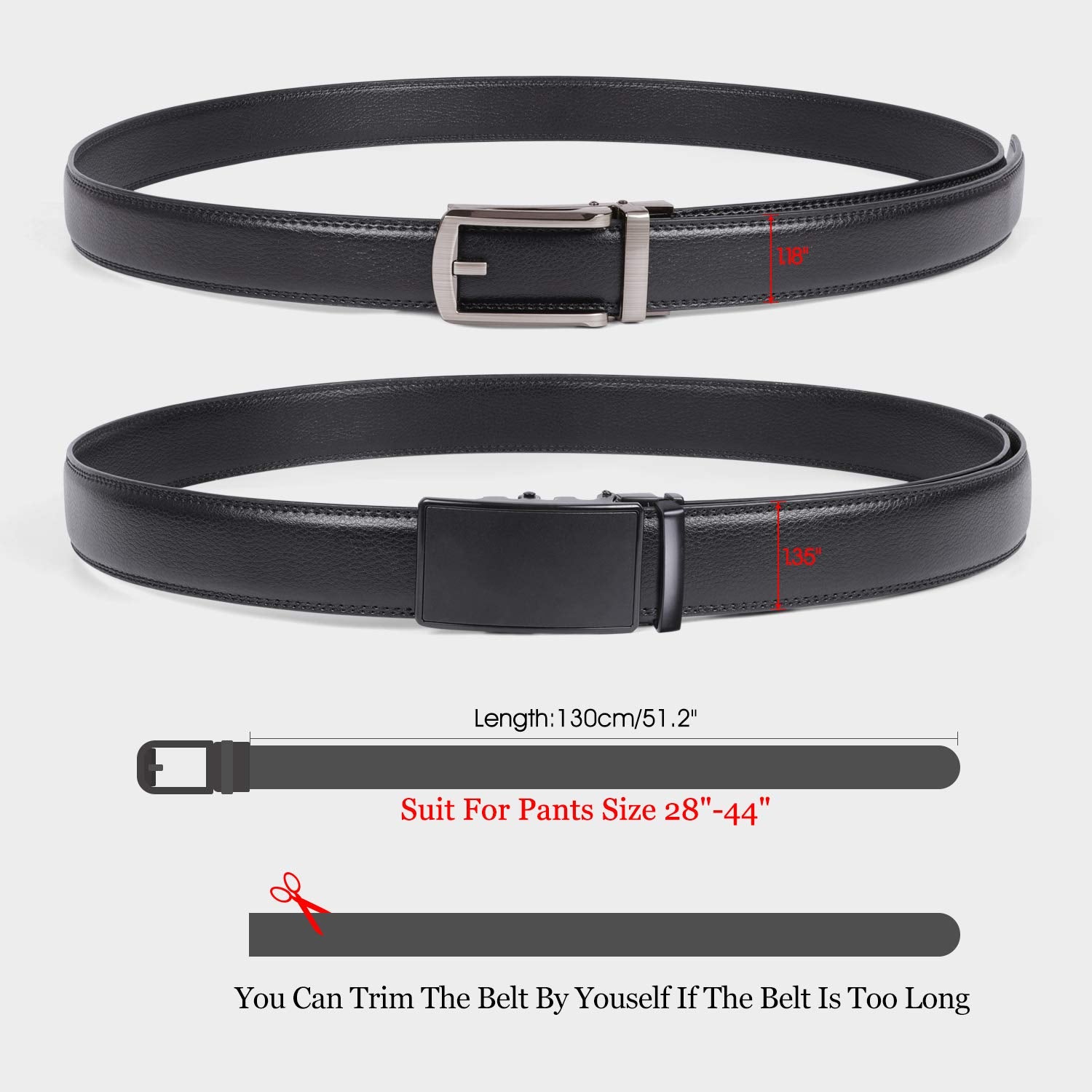 2-Pack Classic Ratchet Sliding Belt With Automatic Buckle 1.35"Width