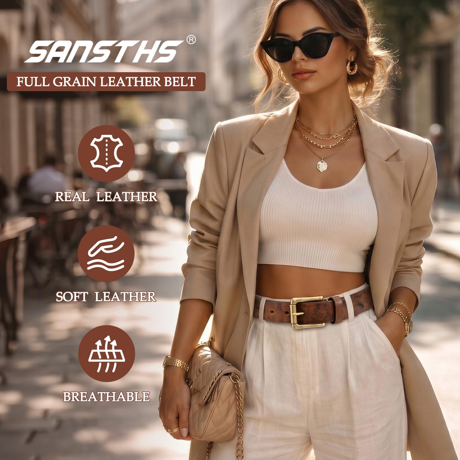 Women Full Grain Leather Belt for Jeans