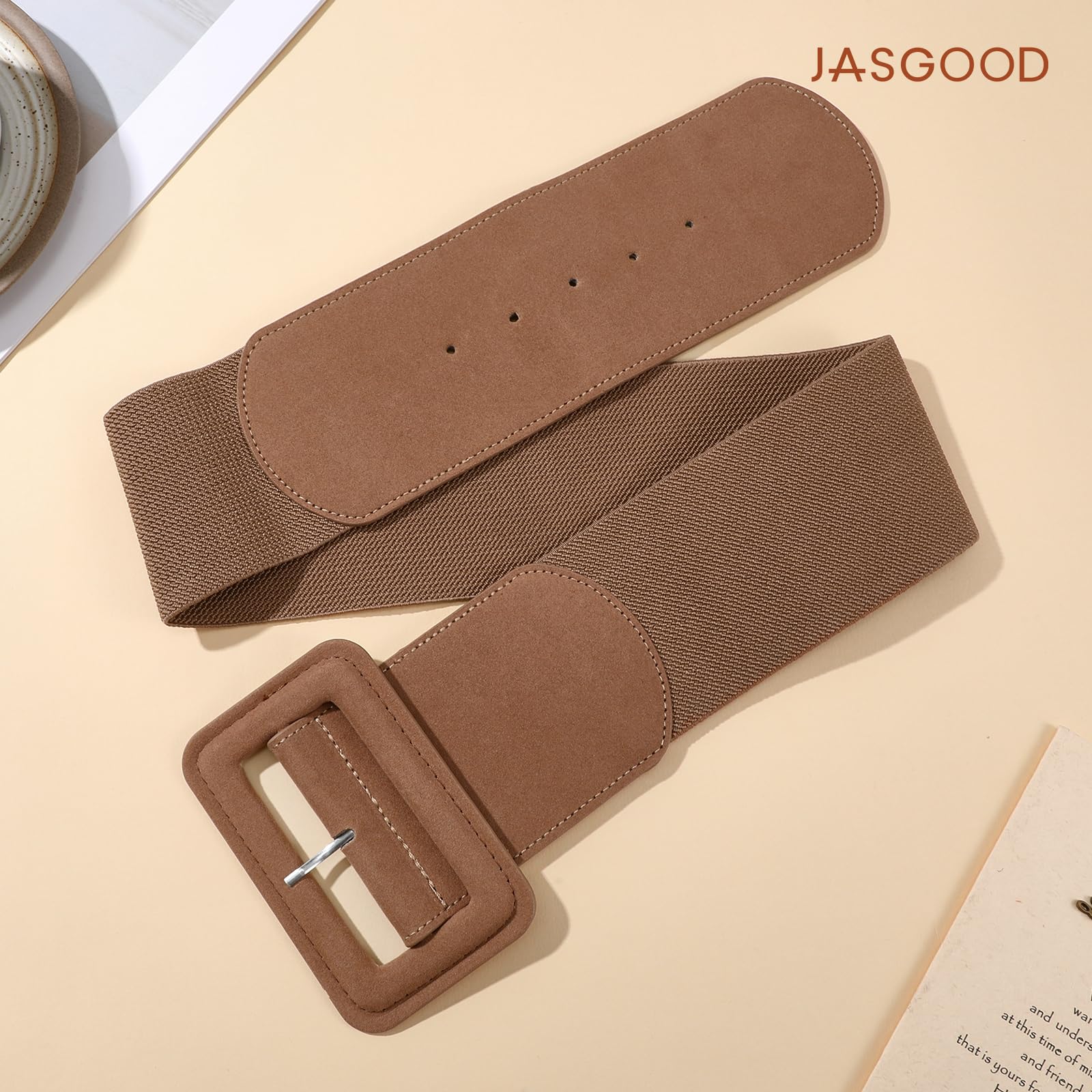 Elastic Suede Wide Belt with Vintage Chunky Square Buckle